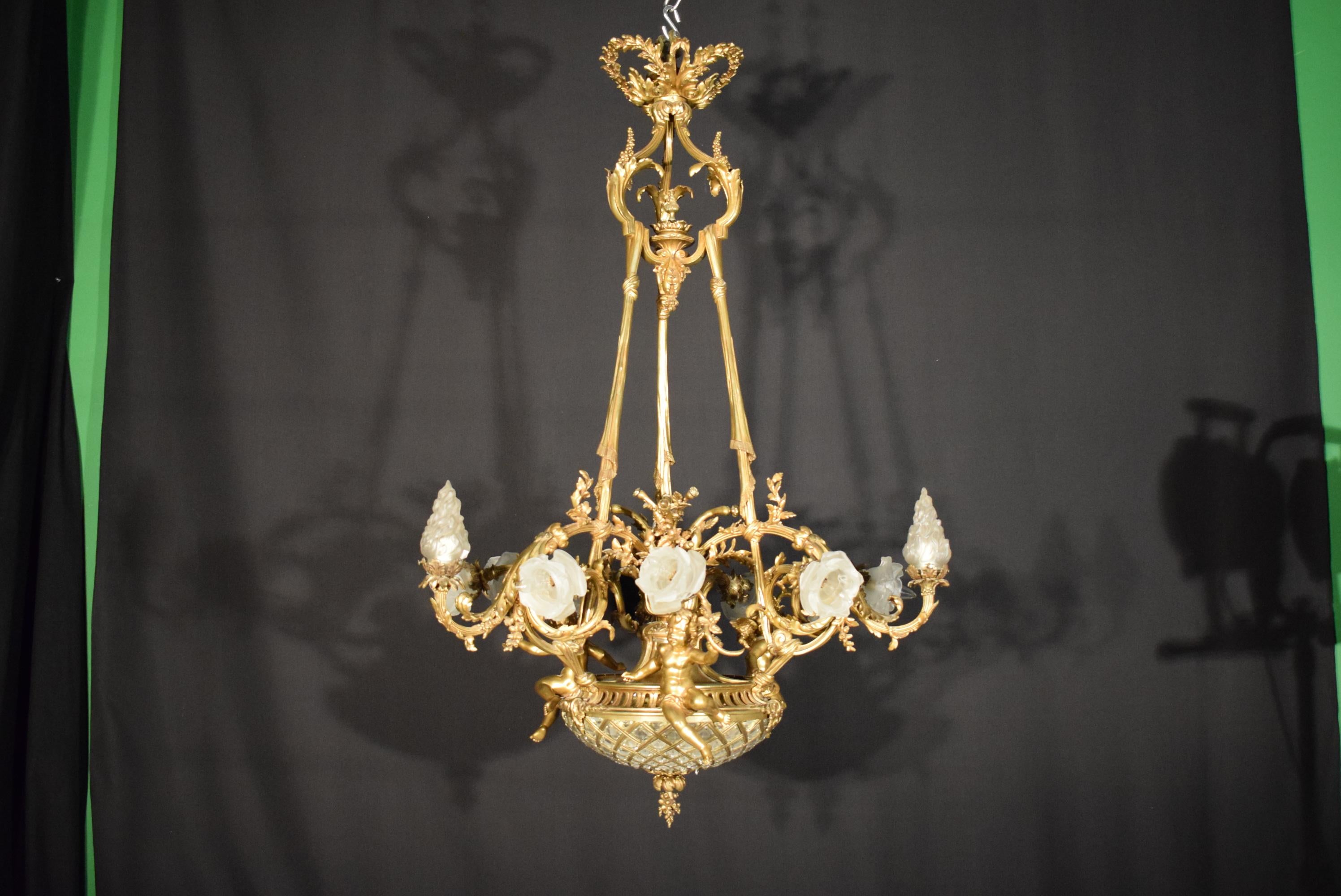 19th Century Gilt Bronze, Crystal and Frosted Glass Chandelier For Sale 7