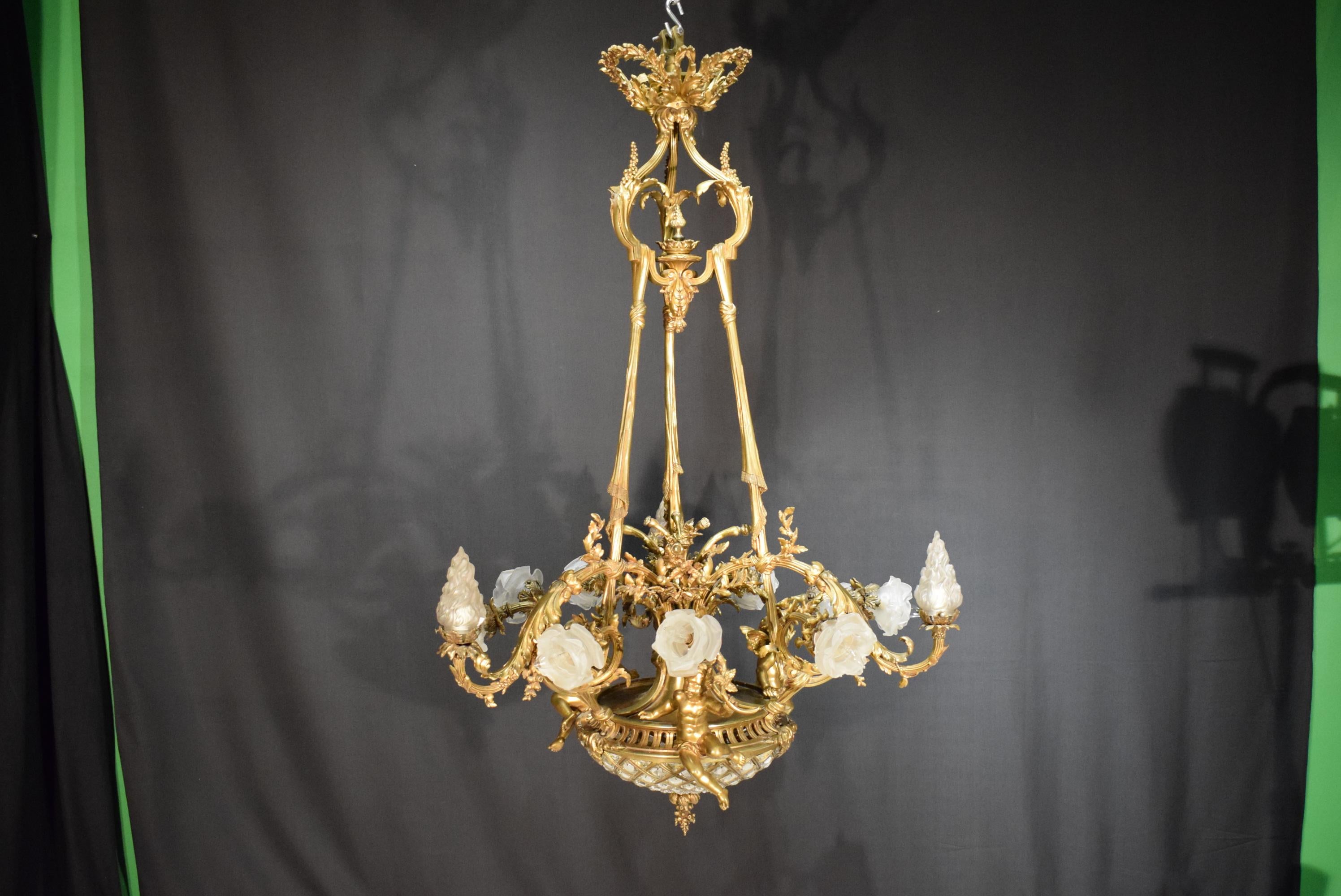 19th Century Gilt Bronze, Crystal and Frosted Glass Chandelier For Sale 8
