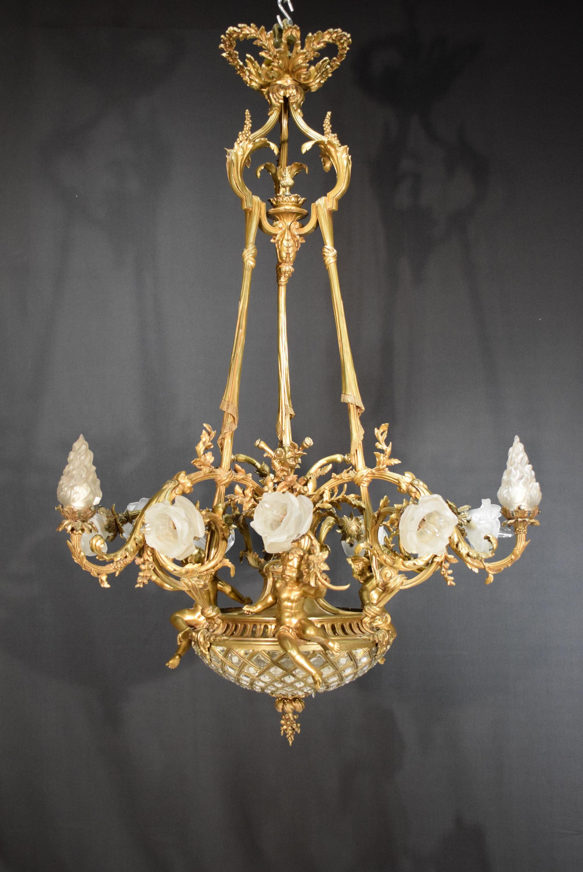19th Century Gilt Bronze, Crystal and Frosted Glass Chandelier For Sale 9
