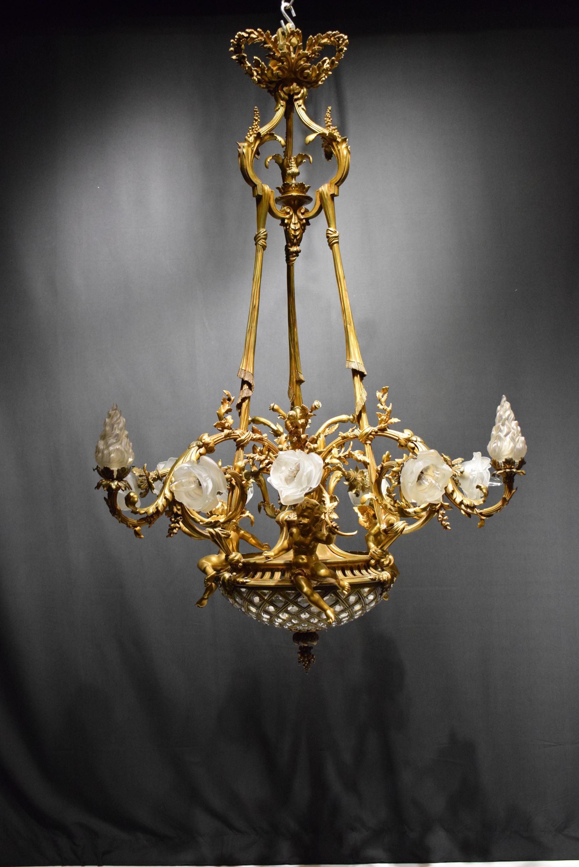 19th Century Gilt Bronze, Crystal and Frosted Glass Chandelier In Good Condition For Sale In Atlanta, GA