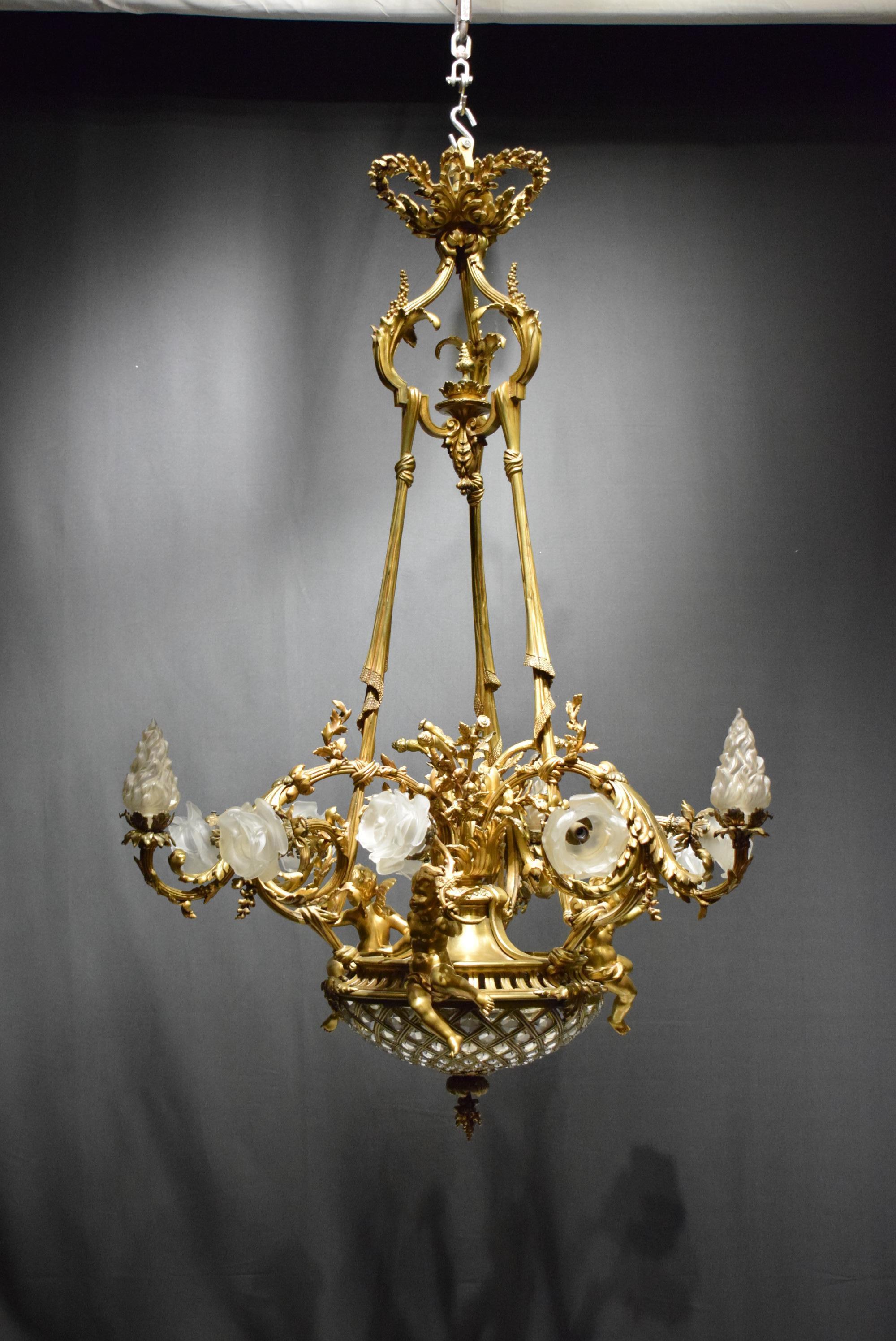French 19th Century Gilt Bronze, Crystal and Frosted Glass Chandelier For Sale