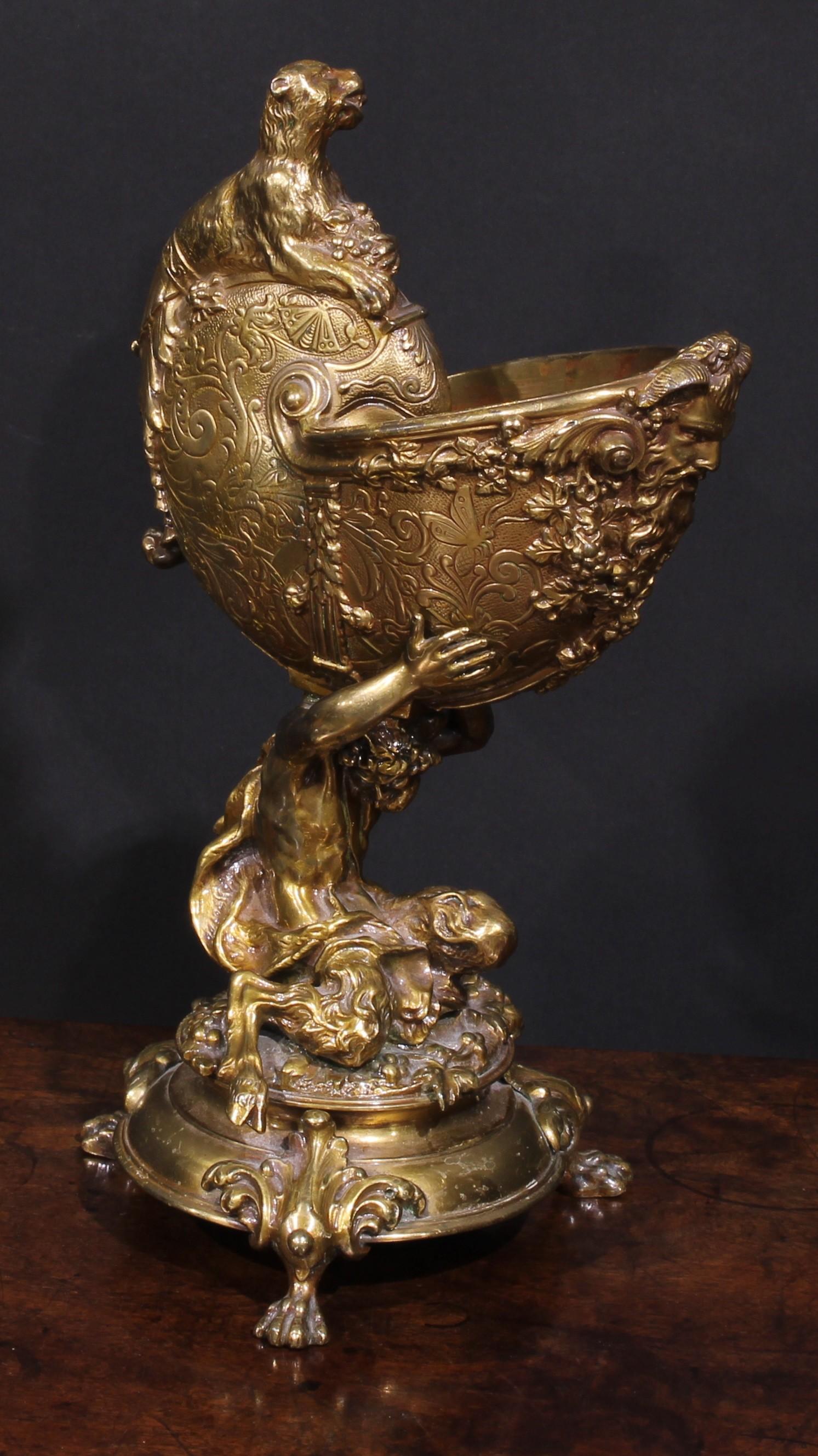 19th Century Gilt Bronze Dutch Paw-Footed Nautilus Cup with Satyr & Bacchus For Sale 1