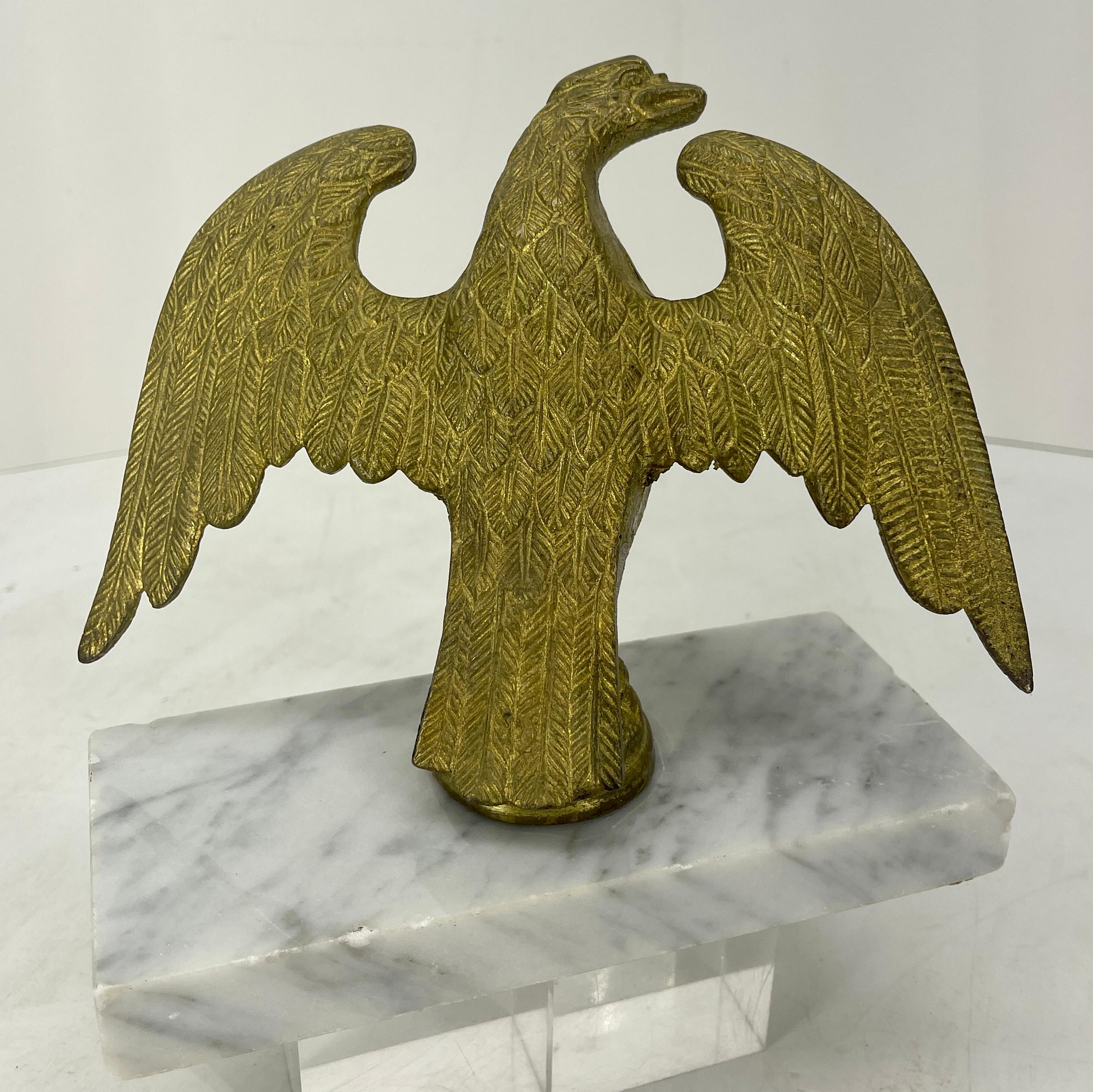 Neoclassical 19th Century Gilt Bronze Eagle Fragment on White Marble Stand, Italy   For Sale