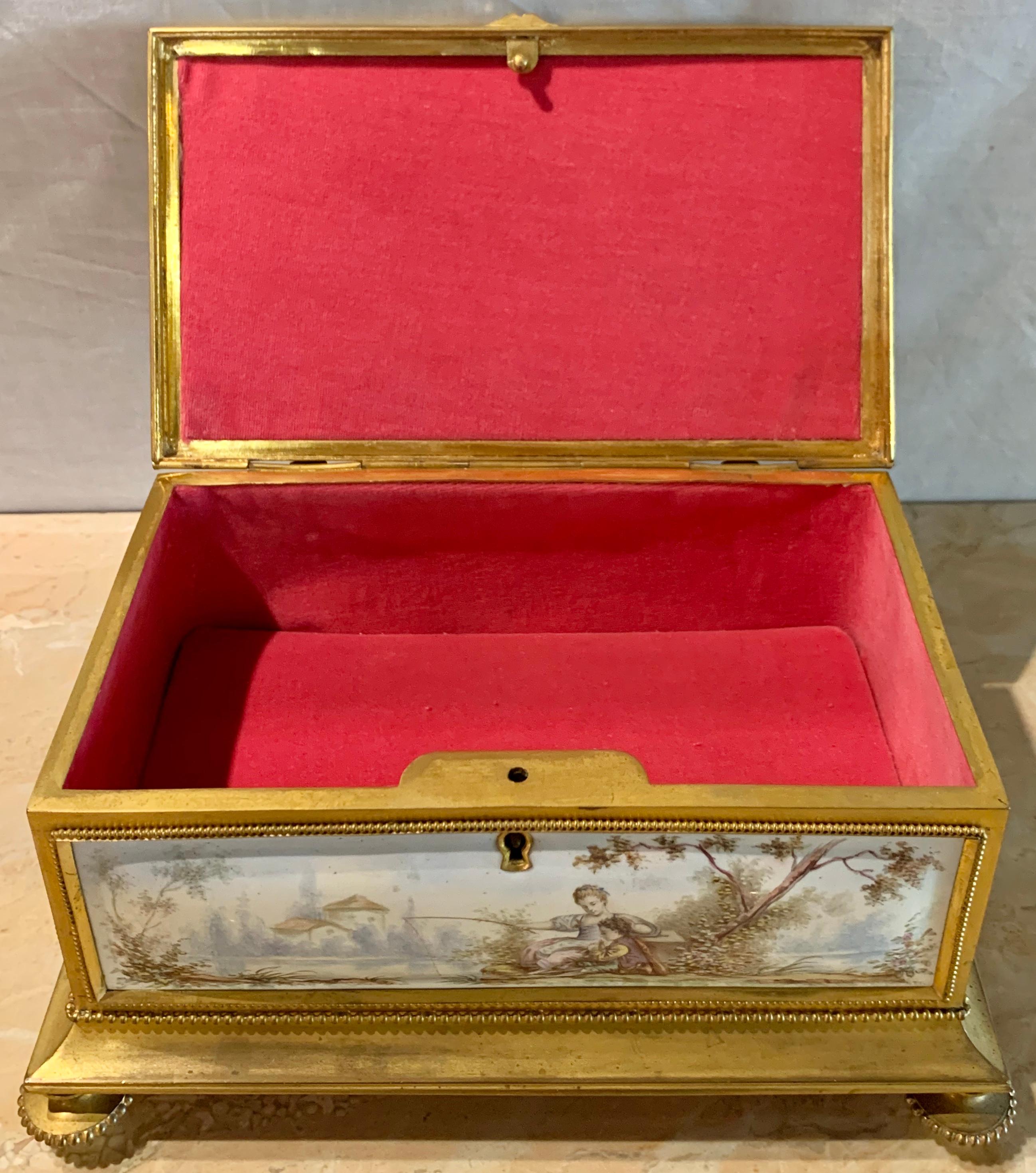19th Century Gilt Bronze Enameled Jewelry Casket Box Lined Interior 5