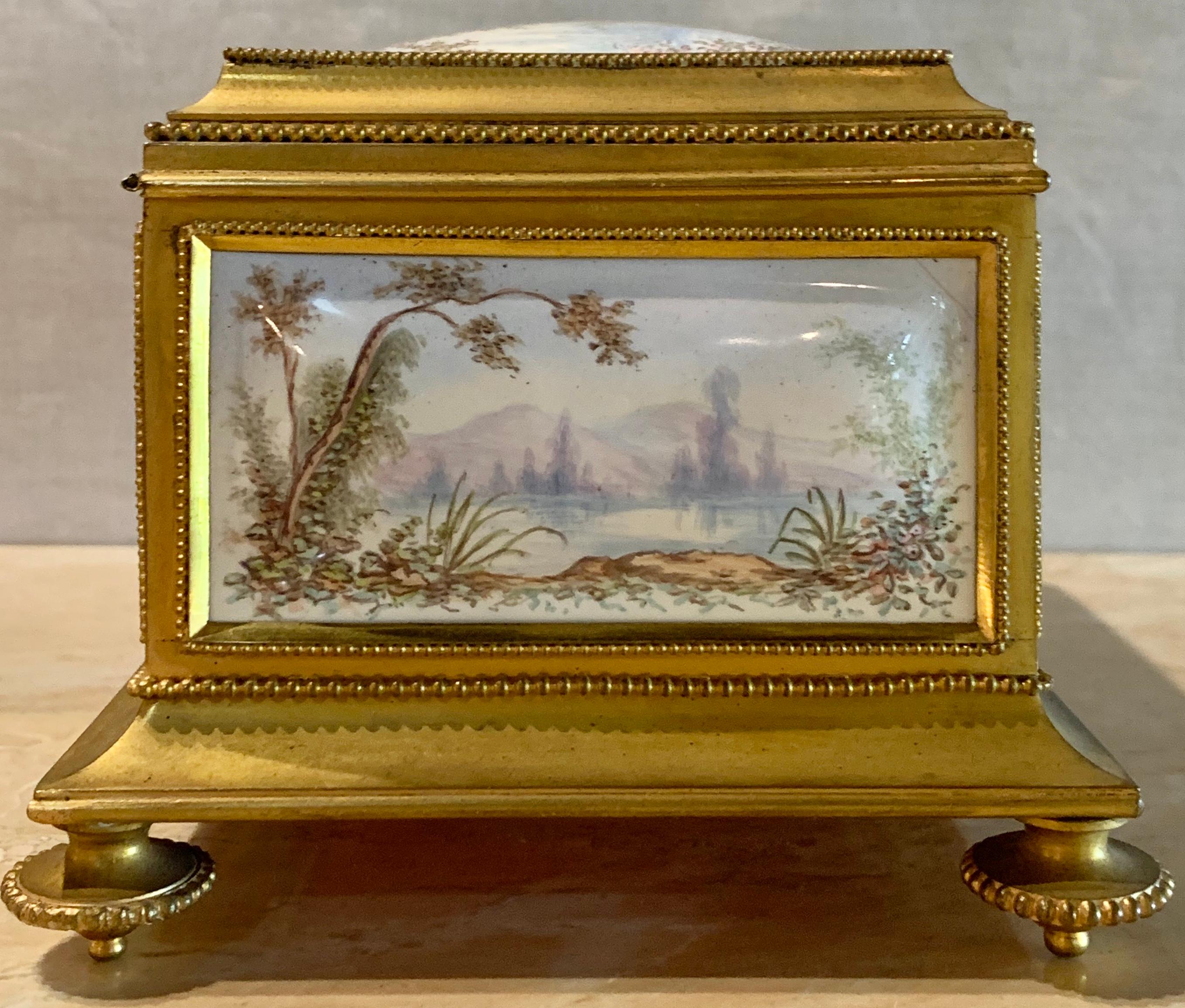 French 19th Century Gilt Bronze Enameled Jewelry Casket Box Lined Interior