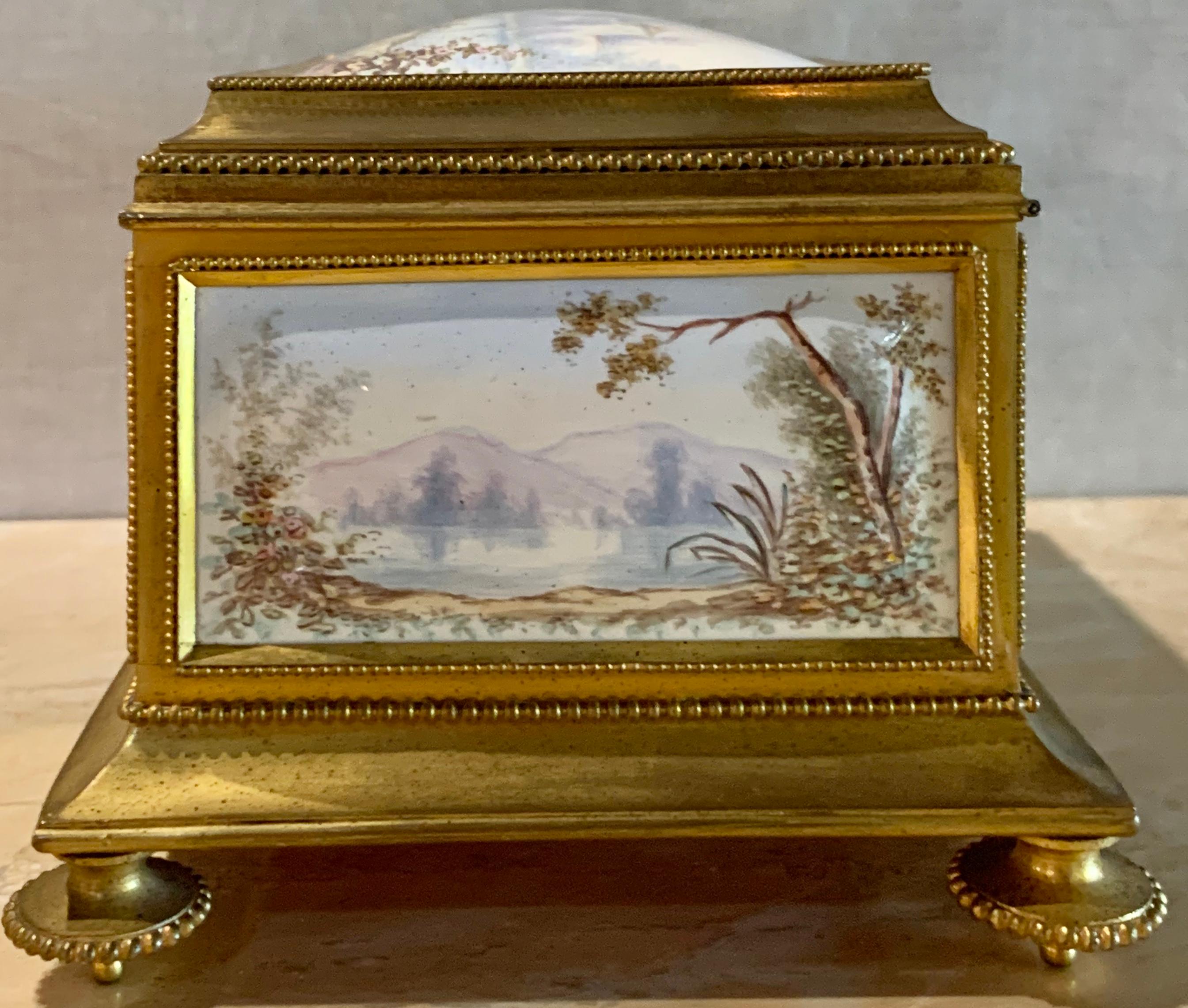 19th Century Gilt Bronze Enameled Jewelry Casket Box Lined Interior 1