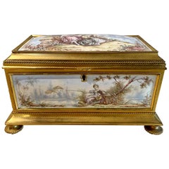 19th Century Gilt Bronze Enameled Jewelry Casket Box Lined Interior