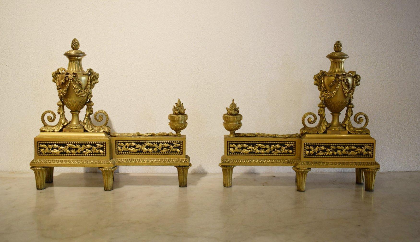Gilt 19Th Century, Pair of French Louis XVI style gilt bronze Fireplace Chenets For Sale