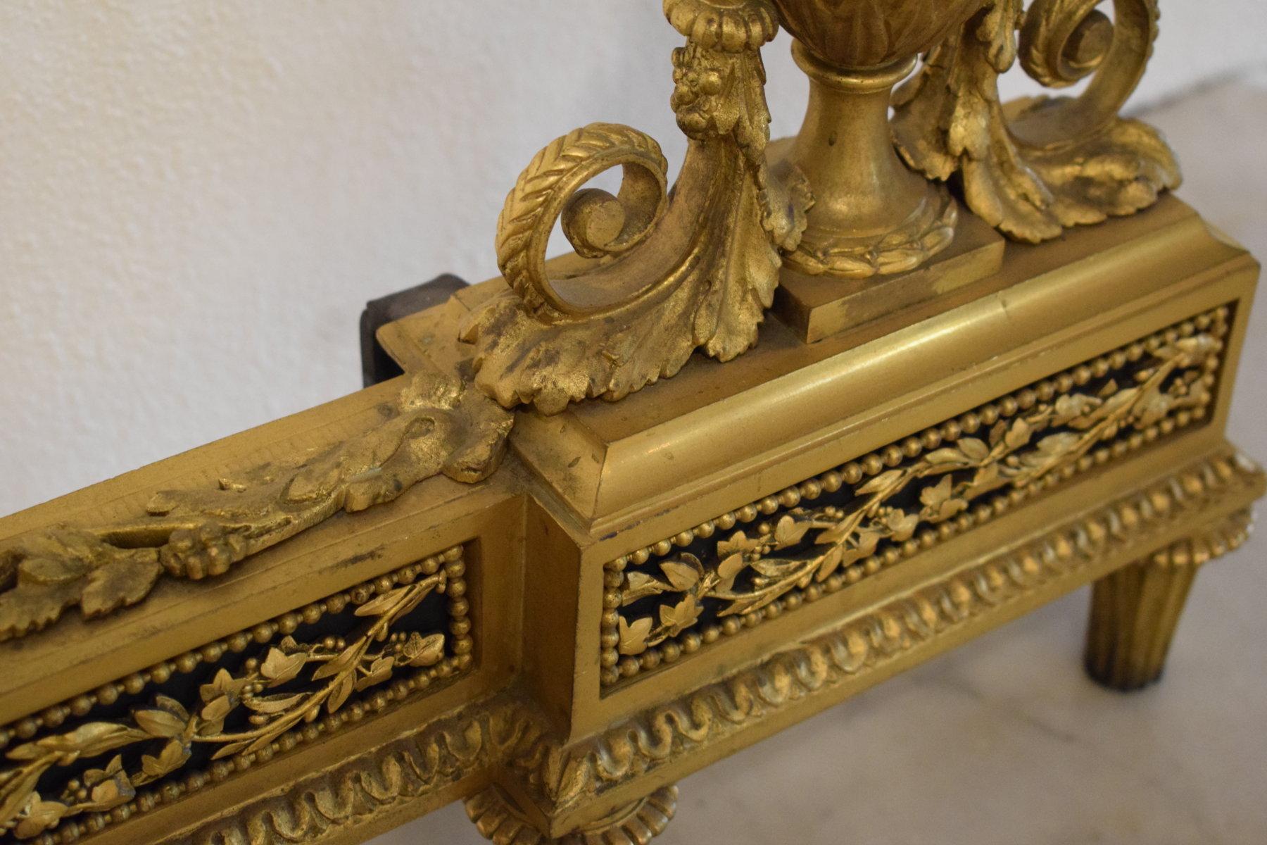 19th Century 19Th Century, Pair of French Louis XVI style gilt bronze Fireplace Chenets For Sale