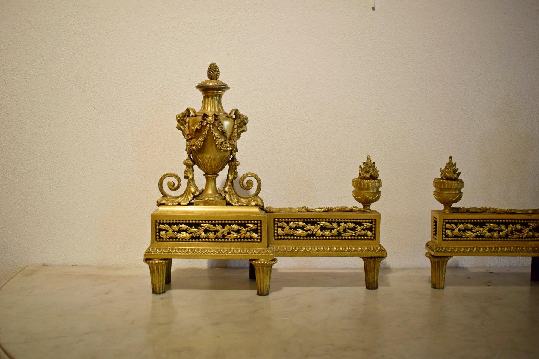 19Th Century, Pair of French Louis XVI style gilt bronze Fireplace Chenets For Sale 1