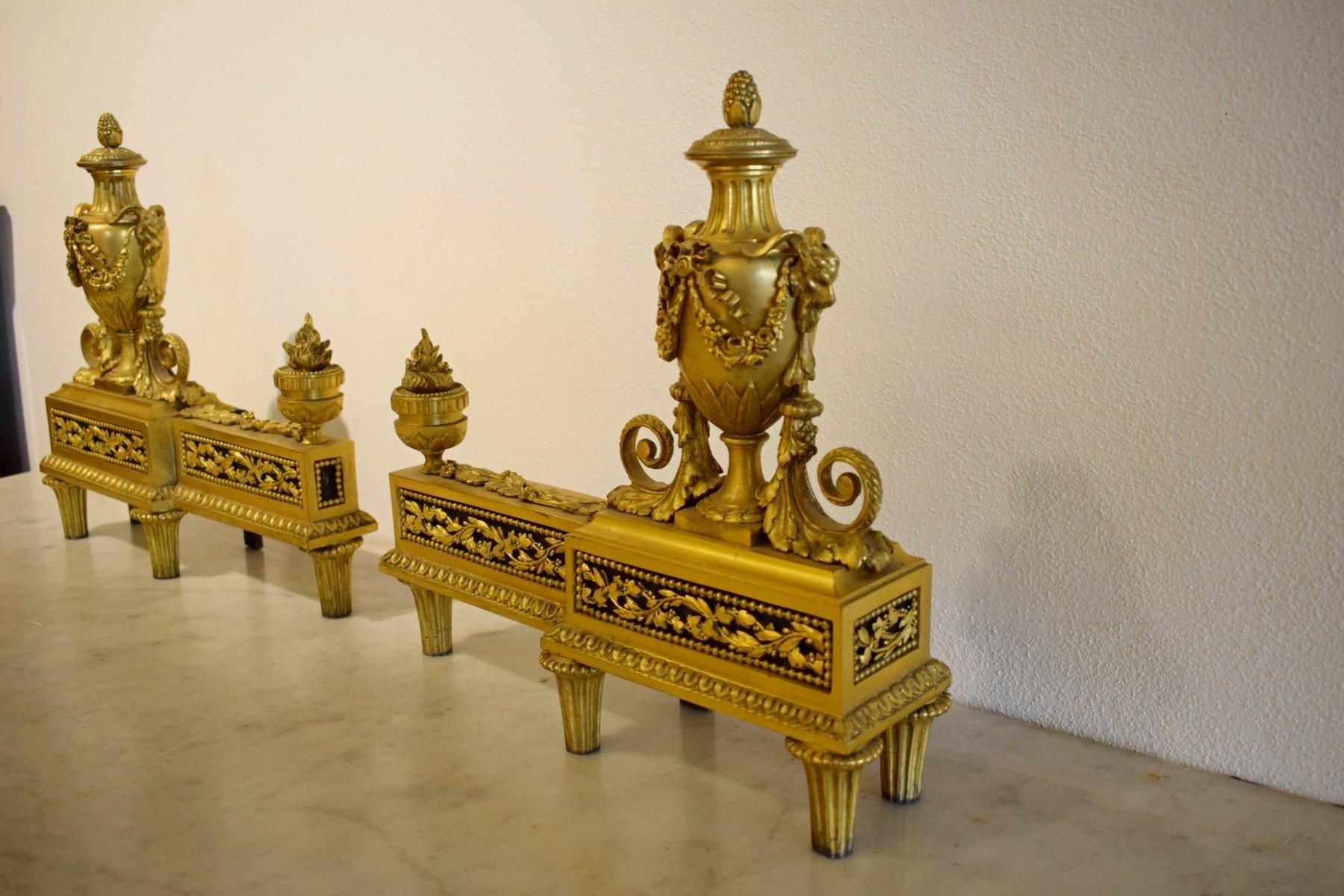 19Th Century, Pair of French Louis XVI style gilt bronze Fireplace Chenets For Sale 2