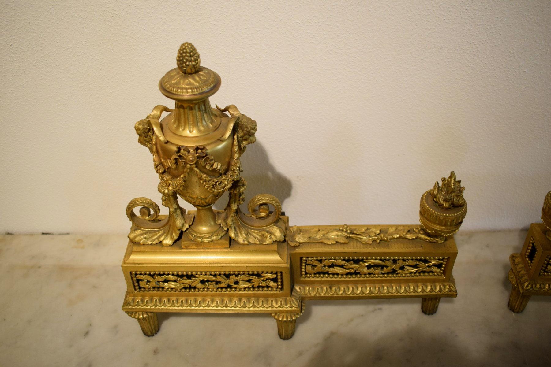 19Th Century, Pair of French Louis XVI style gilt bronze Fireplace Chenets For Sale 3