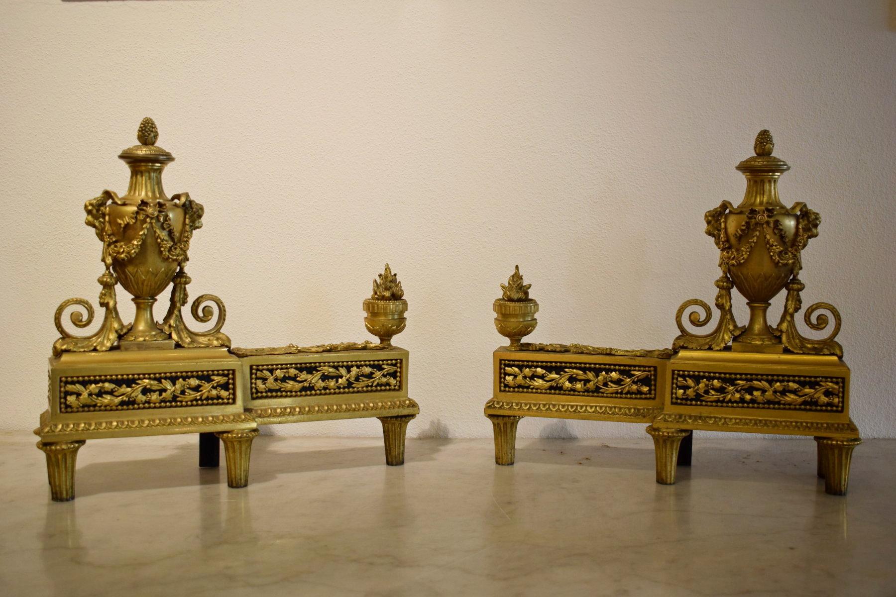 19Th Century, Pair of French Louis XVI style gilt bronze Fireplace Chenets For Sale 4