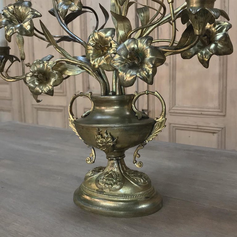 19th Century Gilt Bronze French Altar Lilies Bouquet Candelabra For