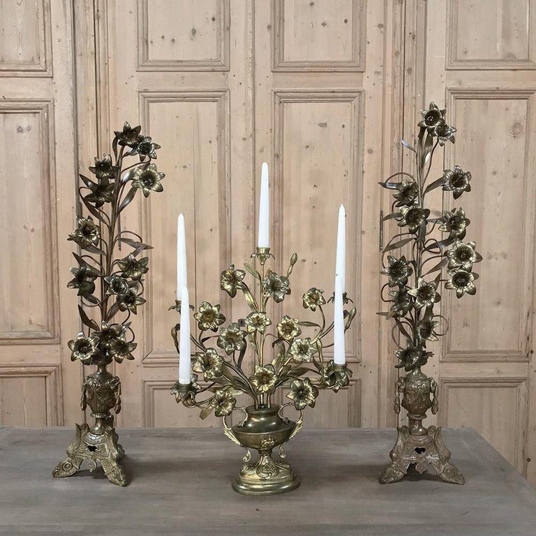 19th Century Gilt Bronze French Altar Lilies Bouquet Candelabra For