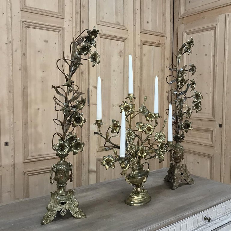 19th Century Gilt Bronze French Altar Lilies Bouquet Candelabra For
