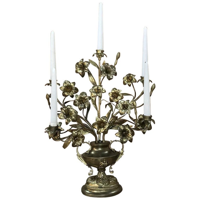 19th Century Gilt Bronze French Altar Lilies Bouquet Candelabra For