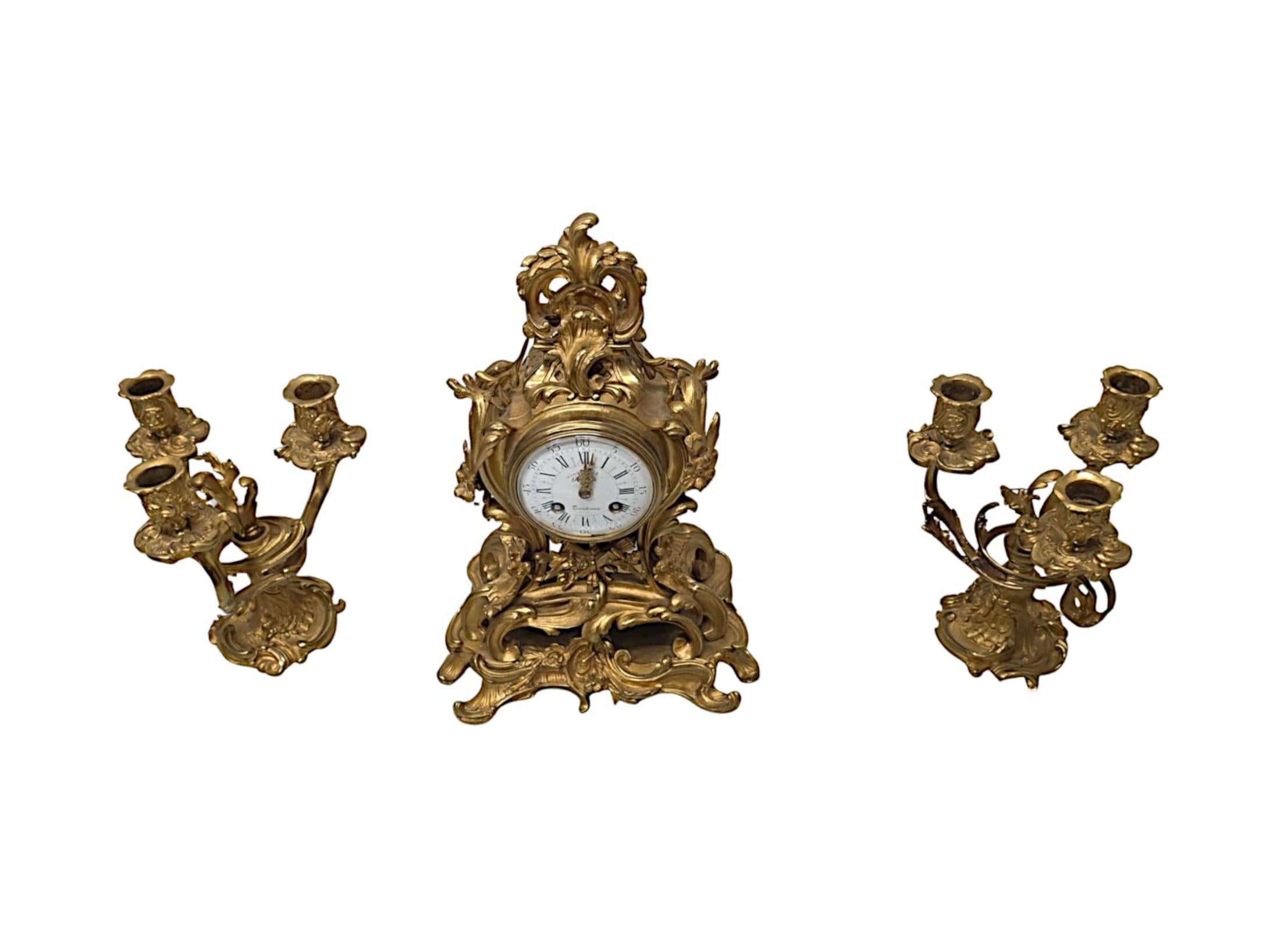19th Century Gilt Bronze French Clock Garniture Set For Sale 2