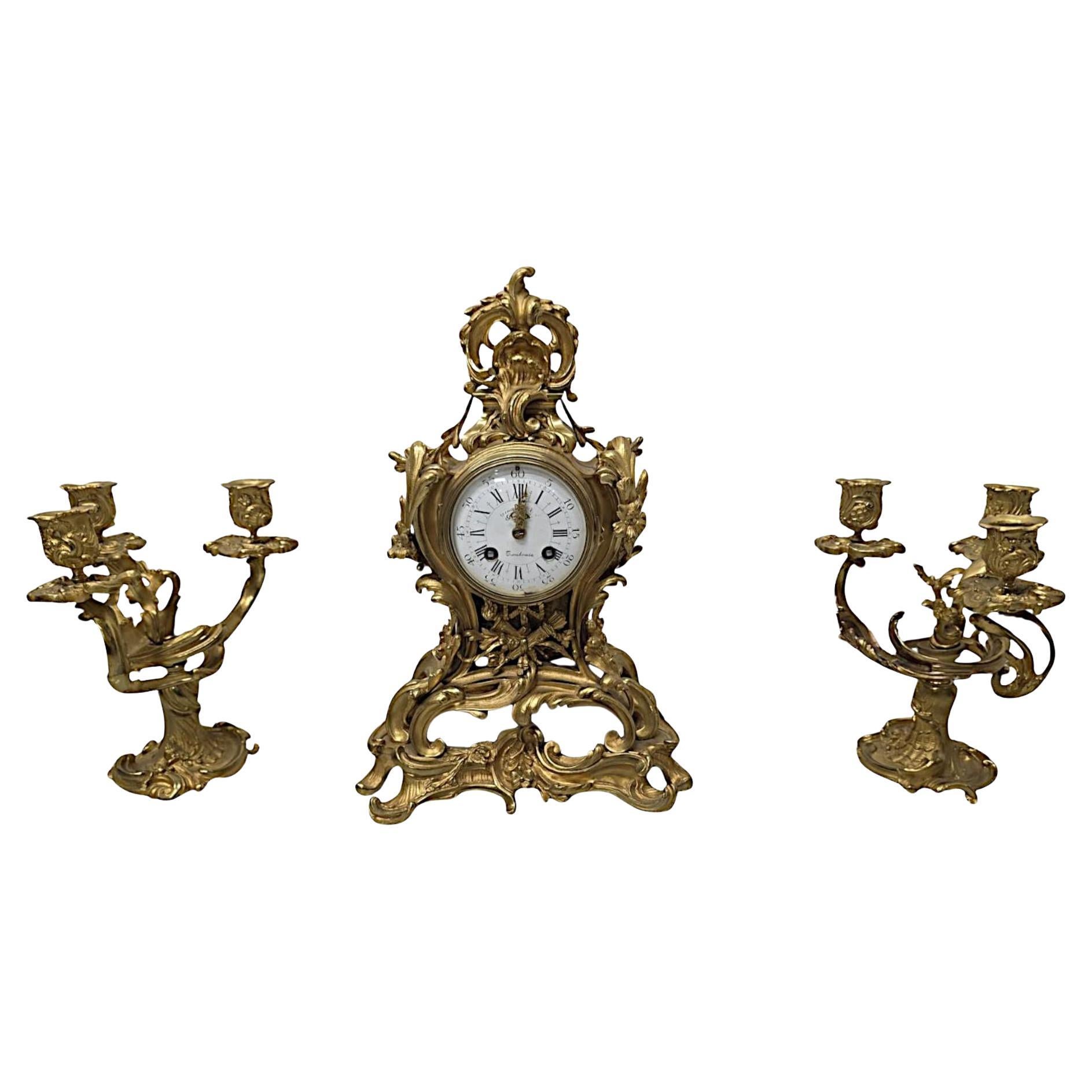 19th Century Gilt Bronze French Clock Garniture Set For Sale