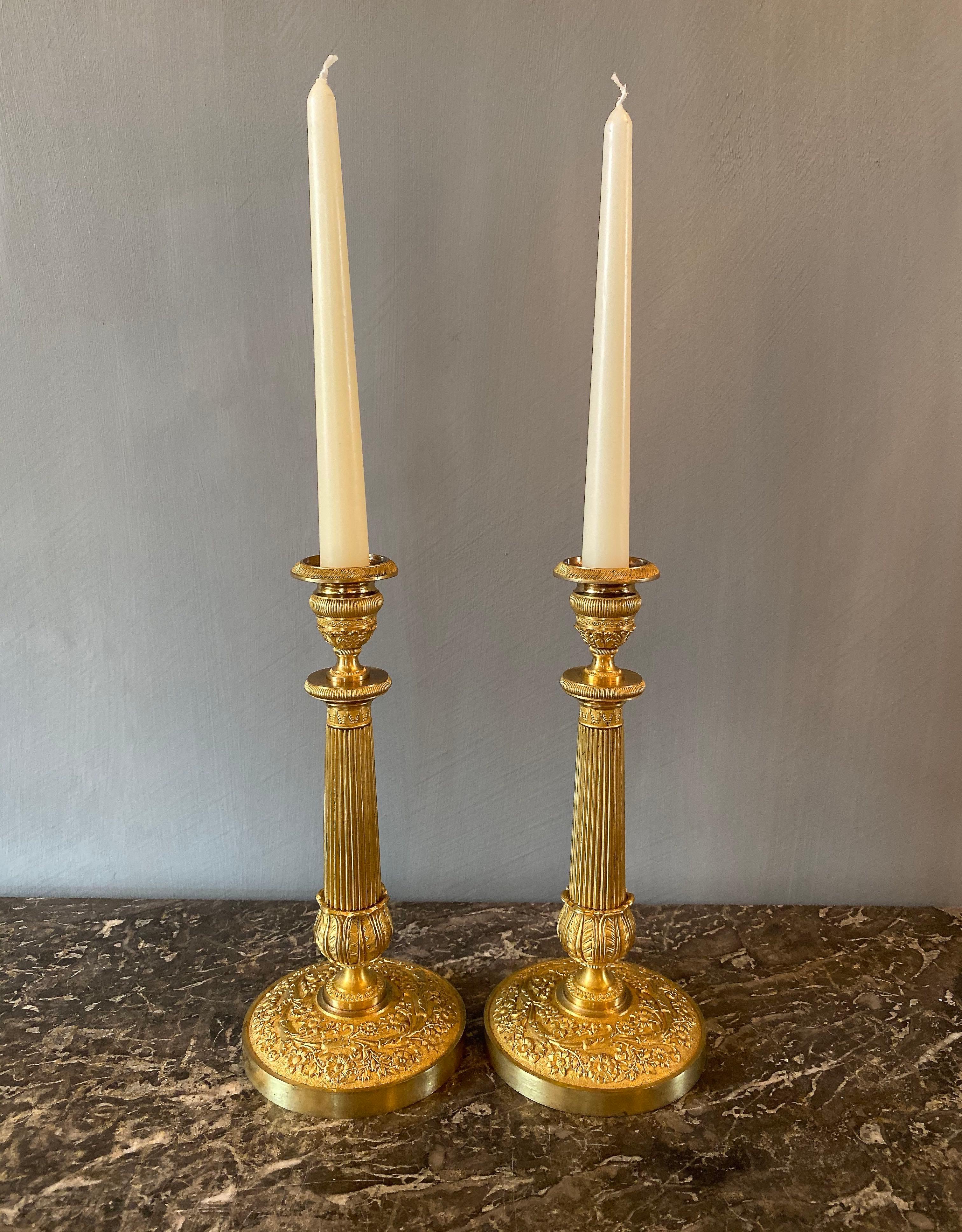 19th century gilt bronze French Empire candlesticks For Sale 4