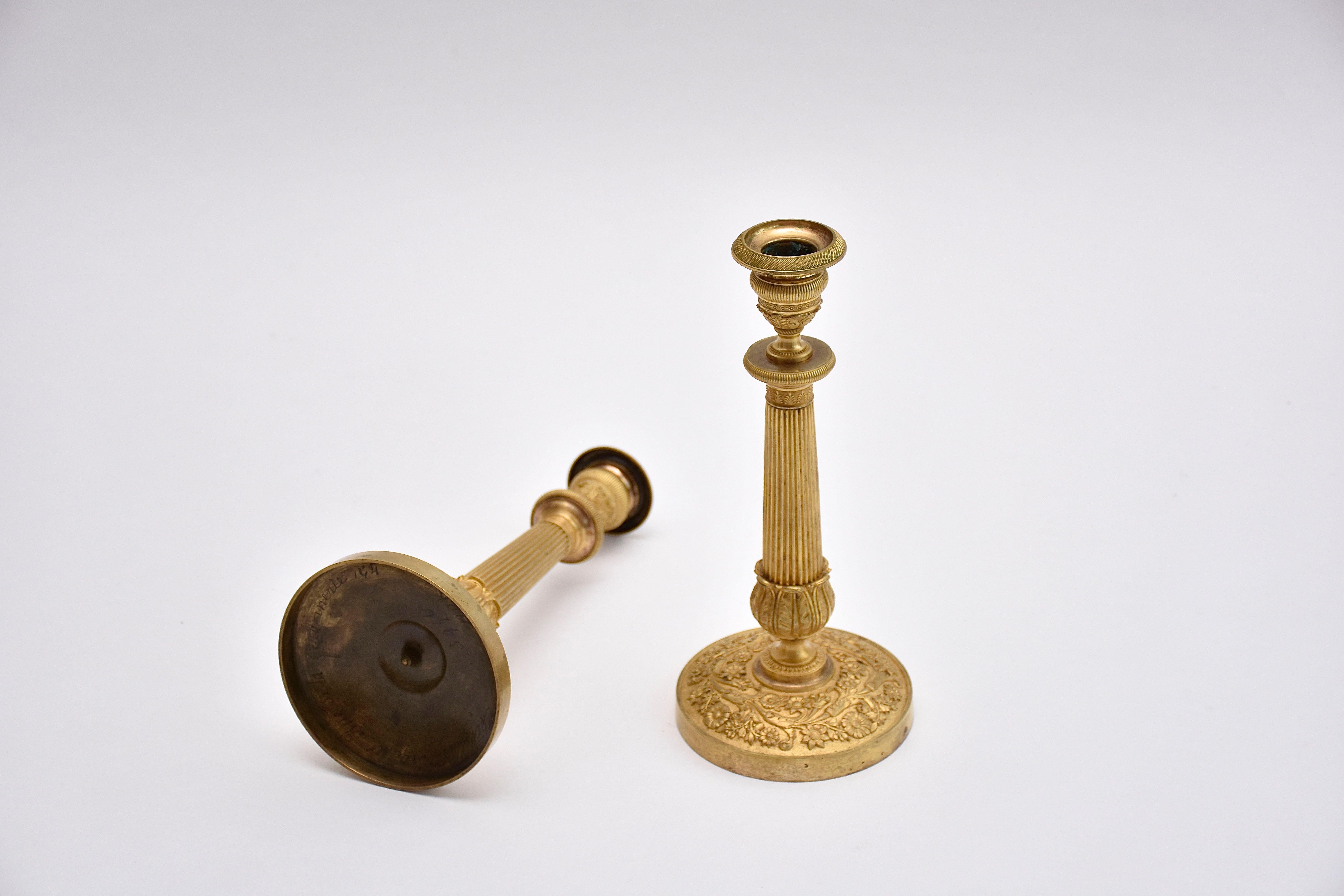 Gilt 19th century gilt bronze French Empire candlesticks For Sale