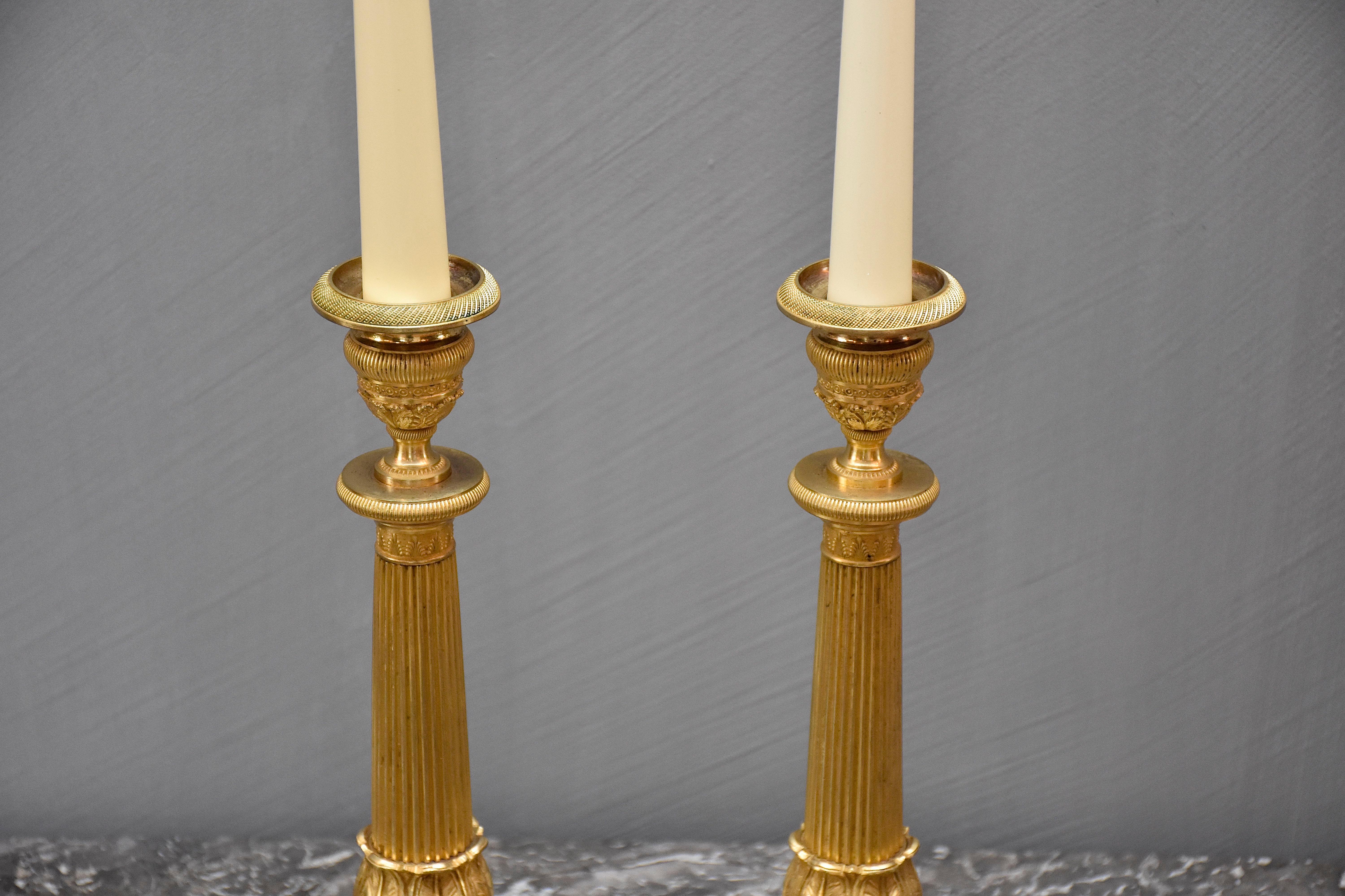 19th century gilt bronze French Empire candlesticks For Sale 2