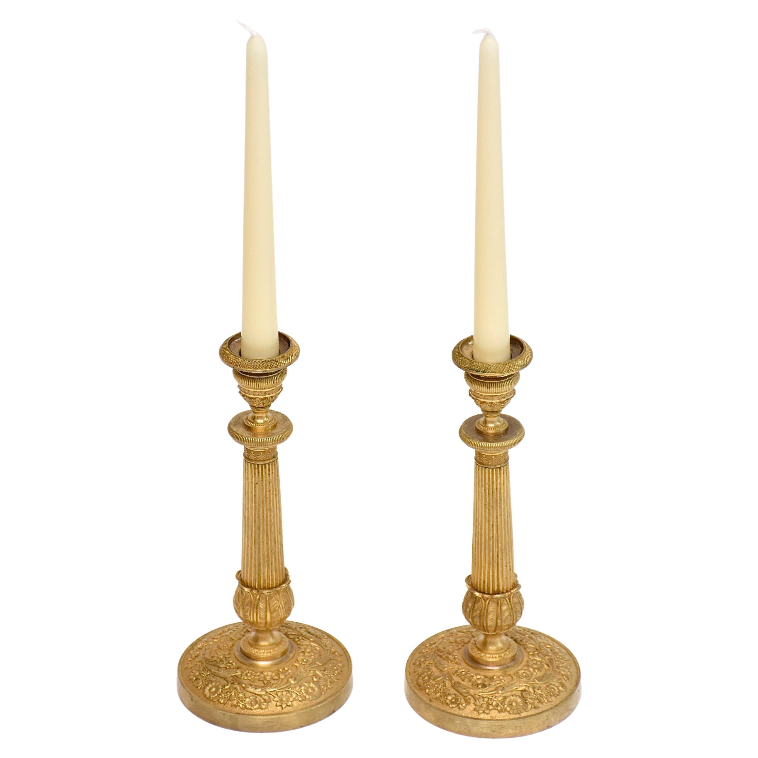 19th century gilt bronze French Empire candlesticks For Sale