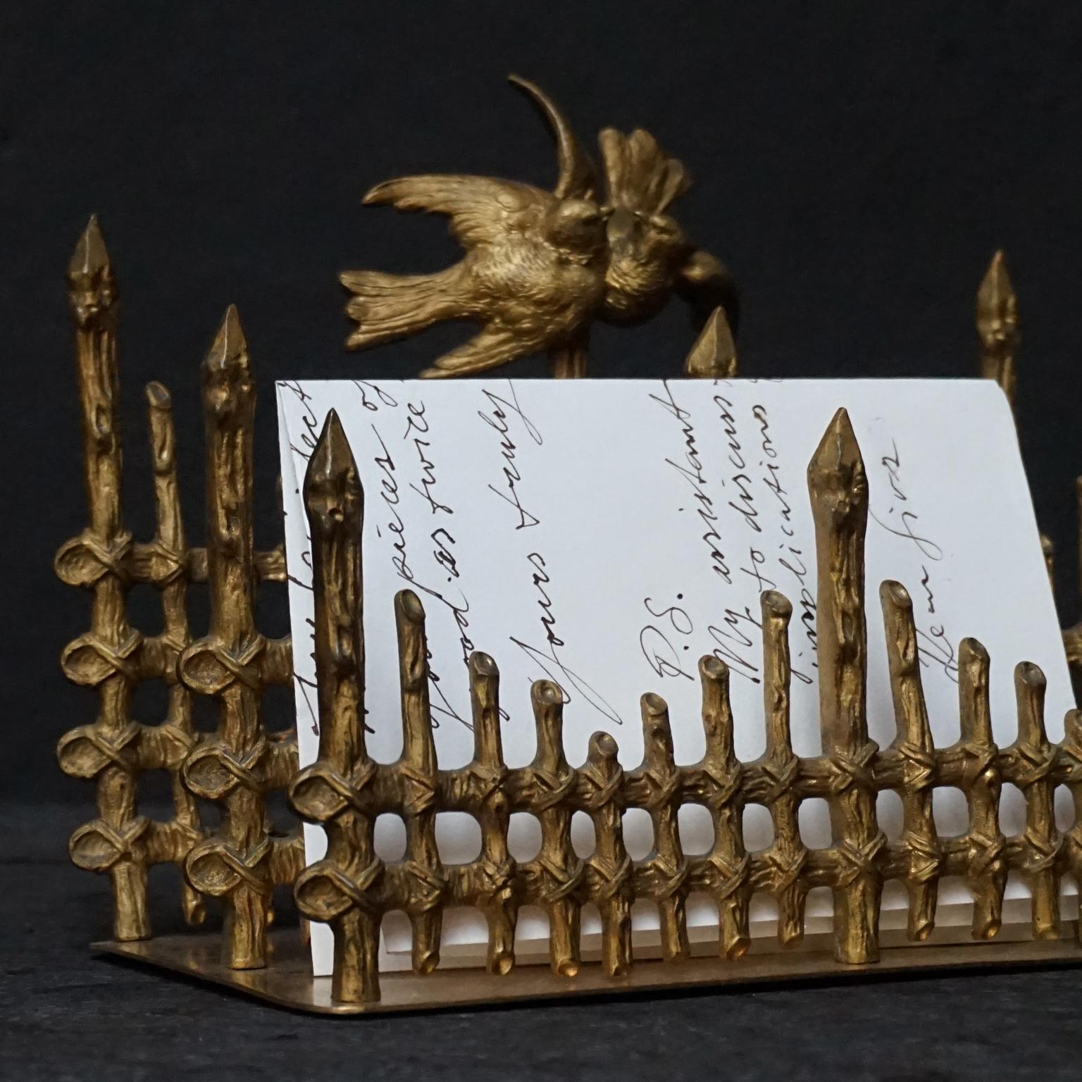 Victorian 19th Century Gilt Bronze French Letter Holder Picket Fence with Love Birds For Sale