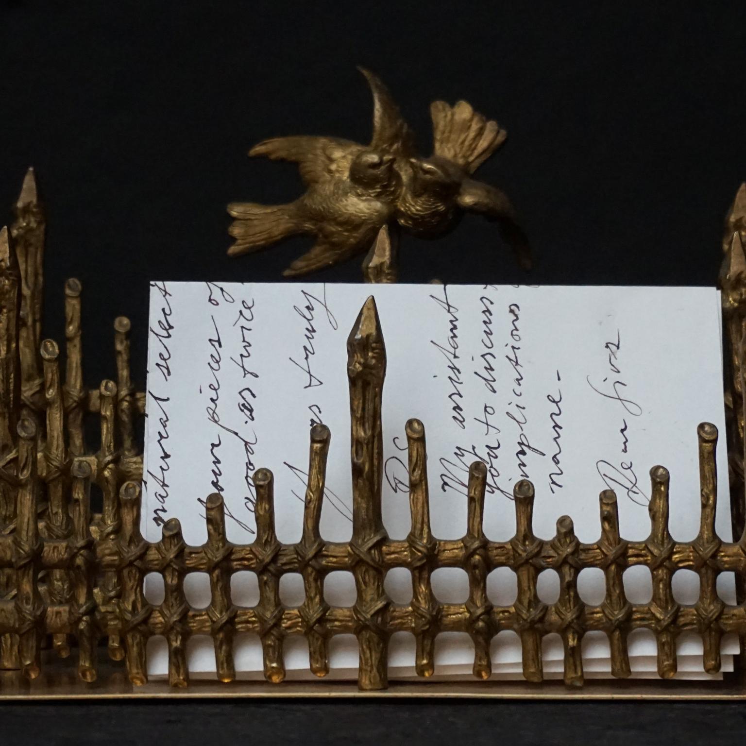 Cast 19th Century Gilt Bronze French Letter Holder Picket Fence with Love Birds For Sale