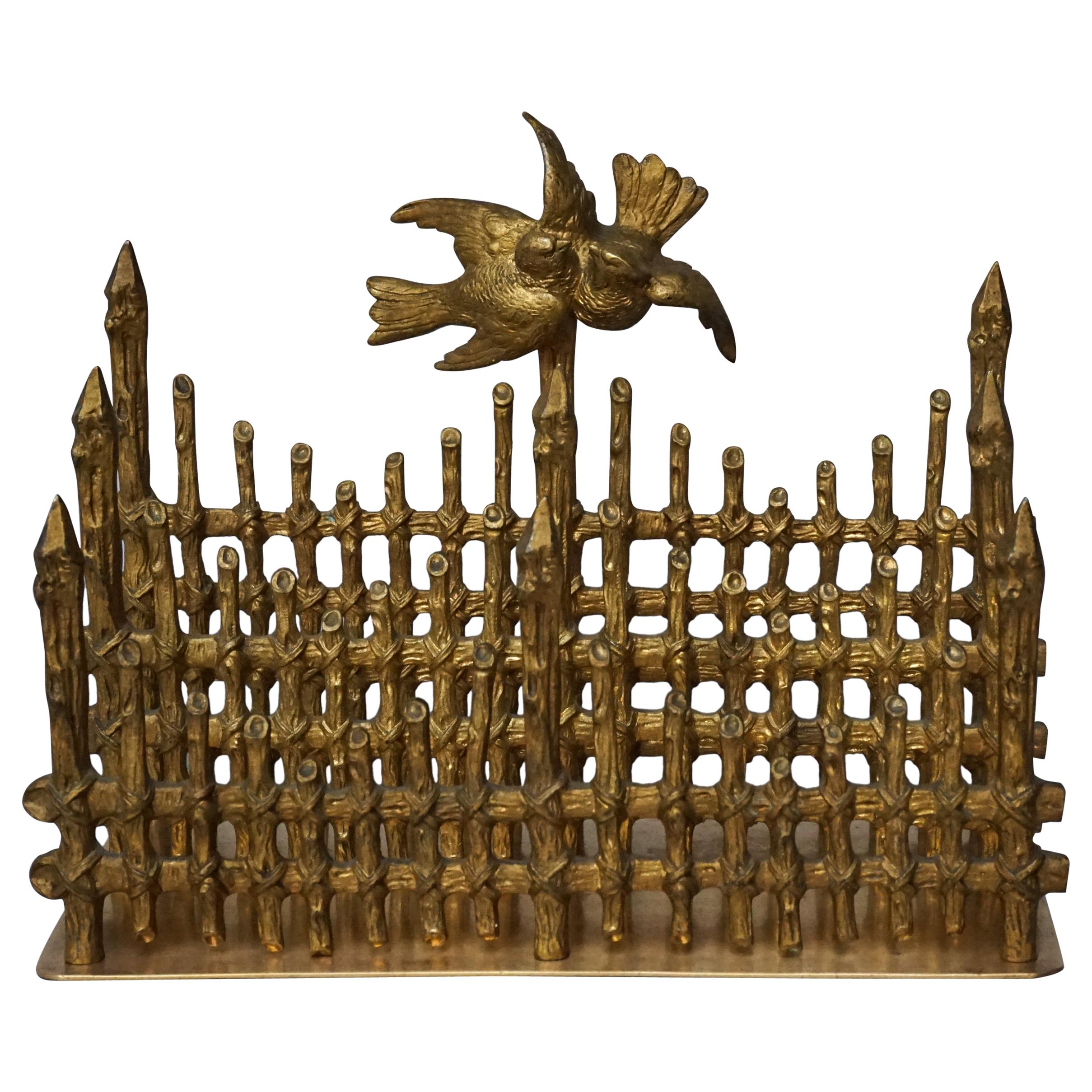19th Century Gilt Bronze French Letter Holder Picket Fence with Love Birds For Sale