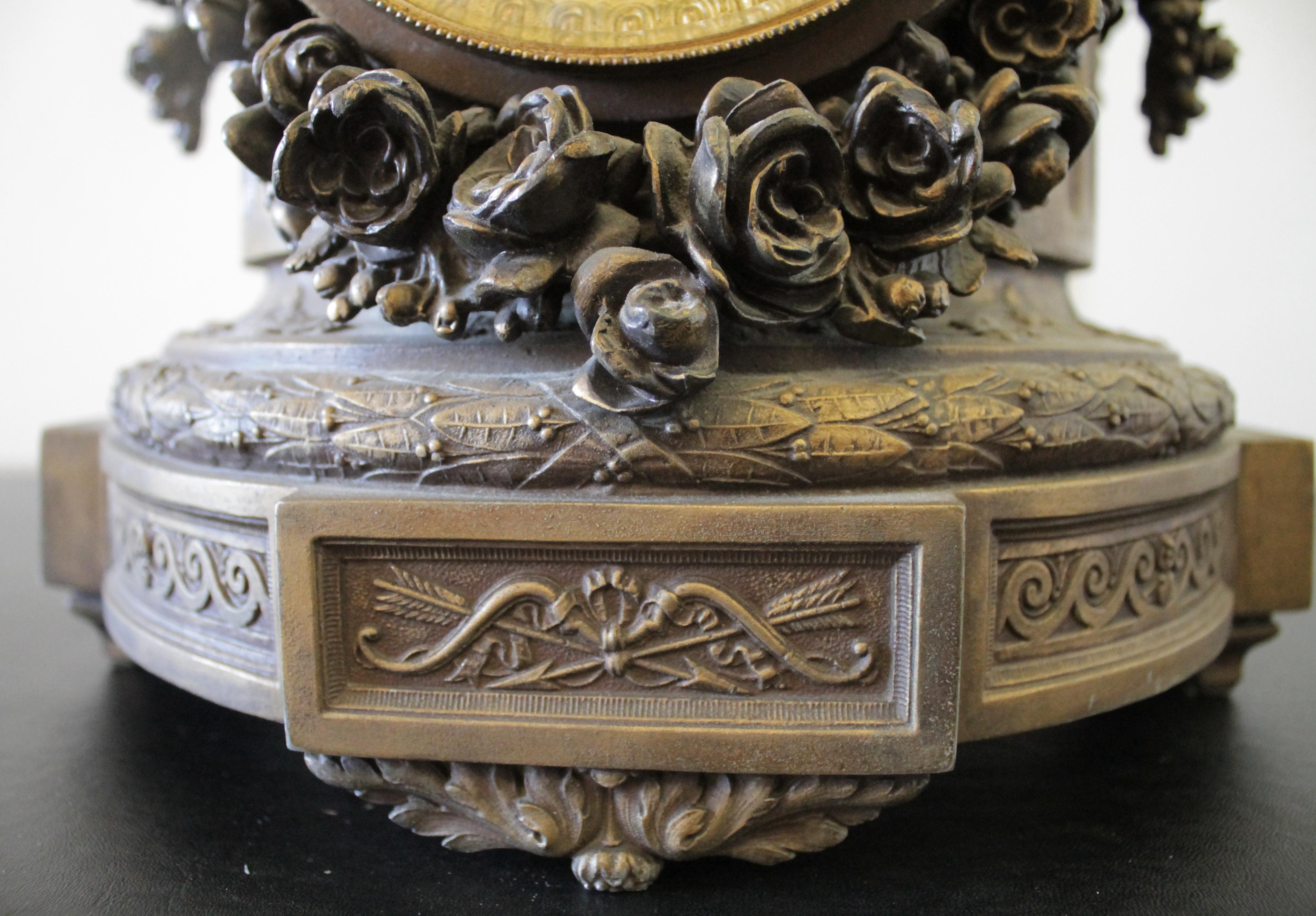 American 19th Century Gilt Bronze French Mantle Clock with Rose Swags For Sale