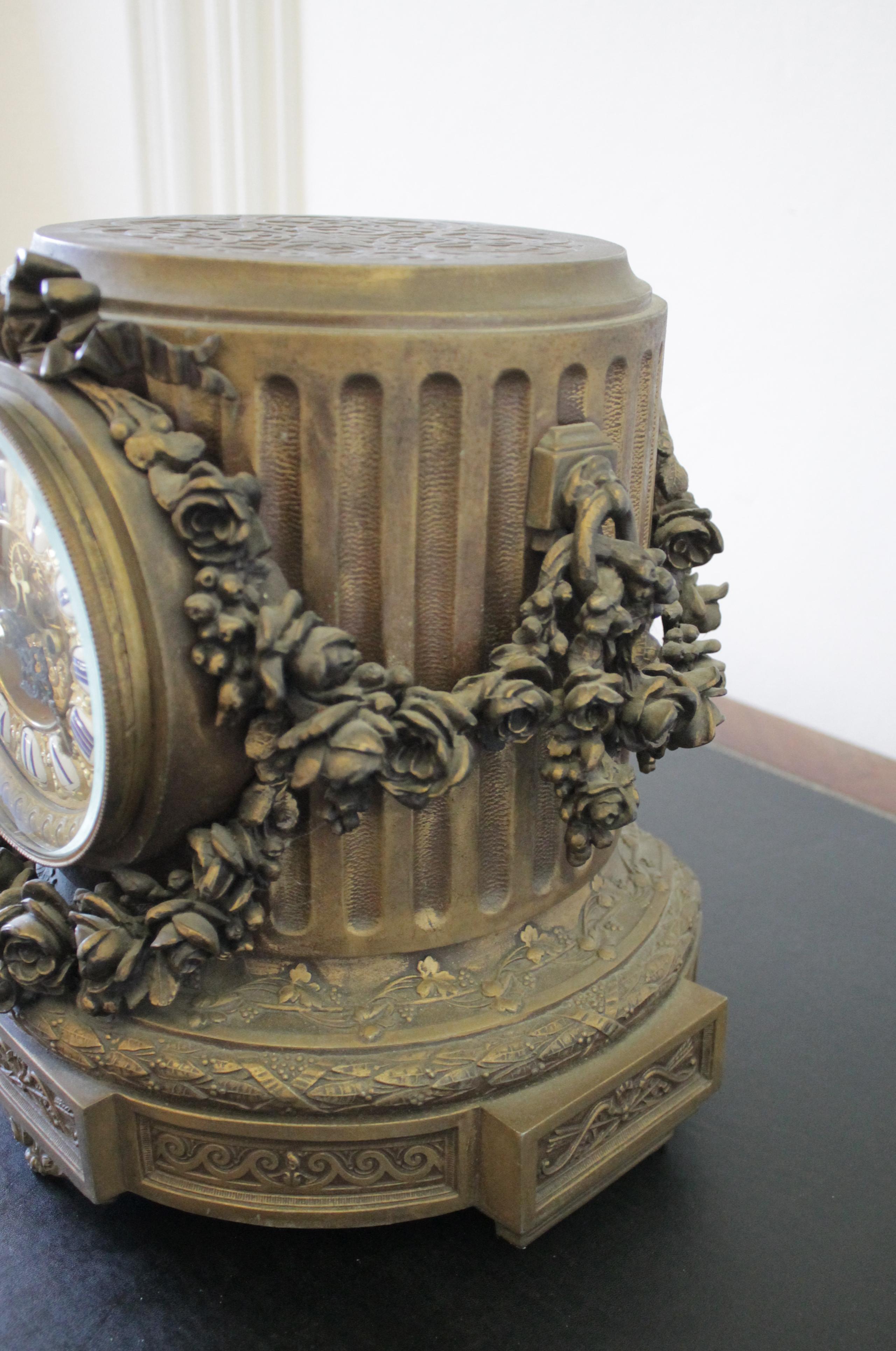 19th Century Gilt Bronze French Mantle Clock with Rose Swags For Sale 3