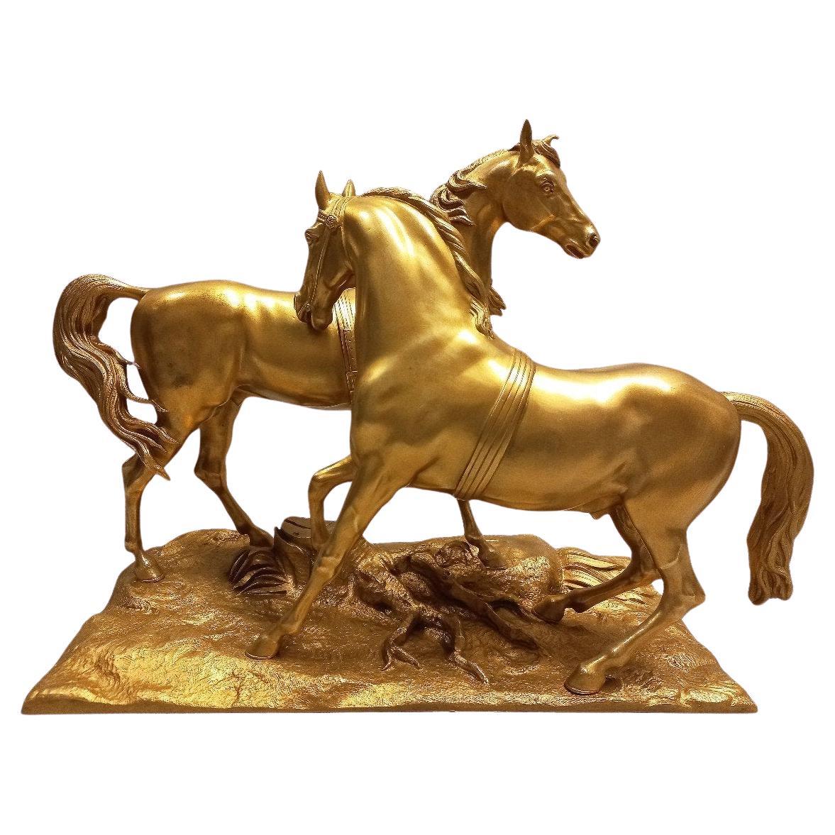 Vergoldete Pferdeskulptur aus Bronze des 19. Jahrhunderts