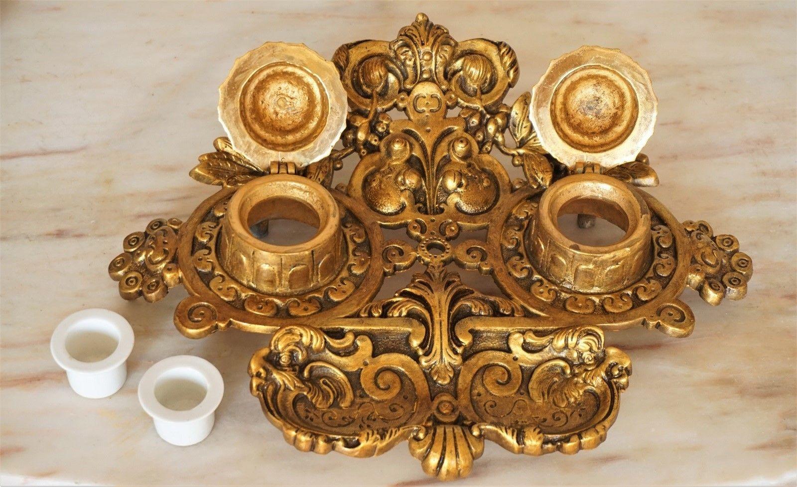Portuguese 19th Century Gilt Bronze Inkwell Stand Set with Ink Blotter and Candleholder