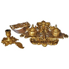 19th Century Gilt Bronze Inkwell Stand Set with Ink Blotter and Candleholder