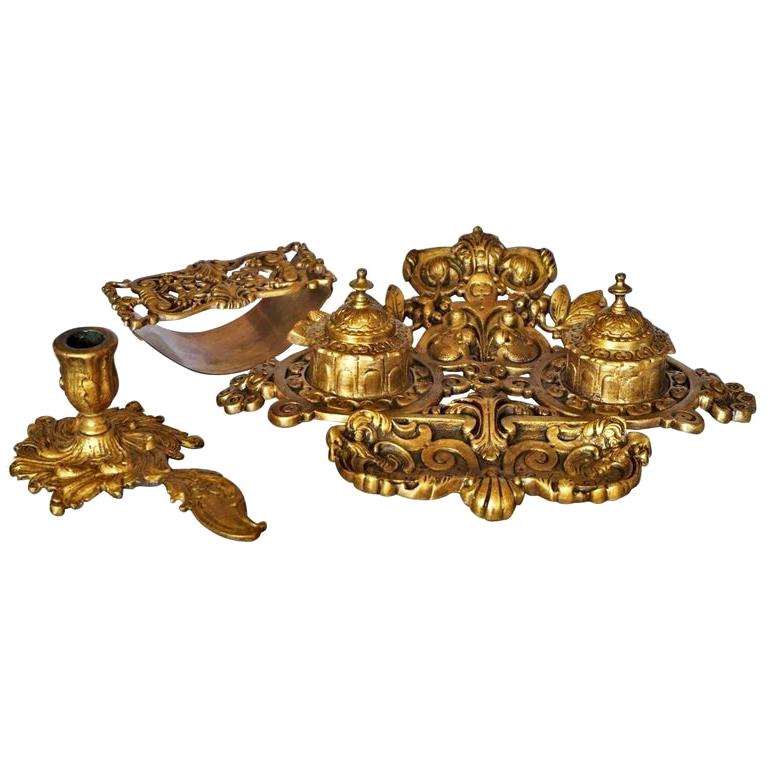 19th Century Gilt Bronze Inkwell Stand Set with Ink Blotter and Candleholder