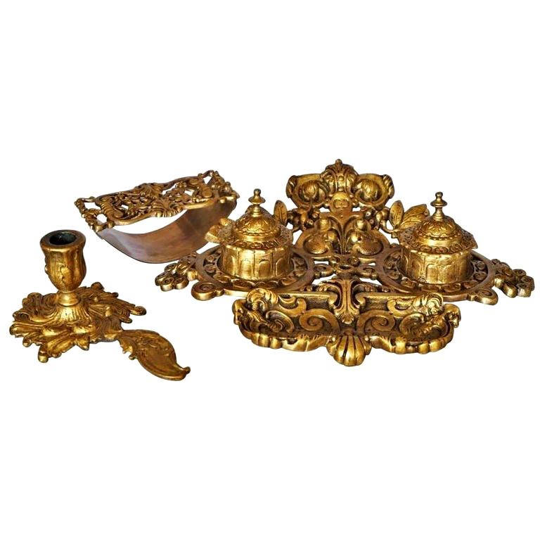 19th Century Gilt Bronze Inkwell Stand Set with Ink Blotter and Candleholder For Sale