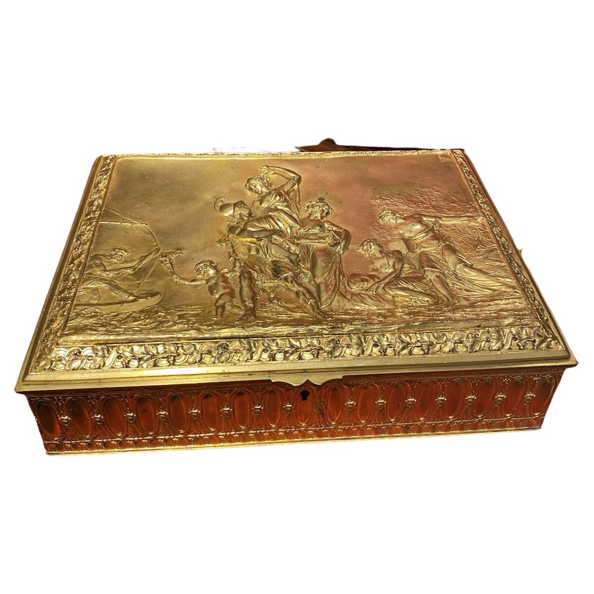 19th Century Gilt Bronze Jewelry Box depicting Lovers from Classical Antiquity 