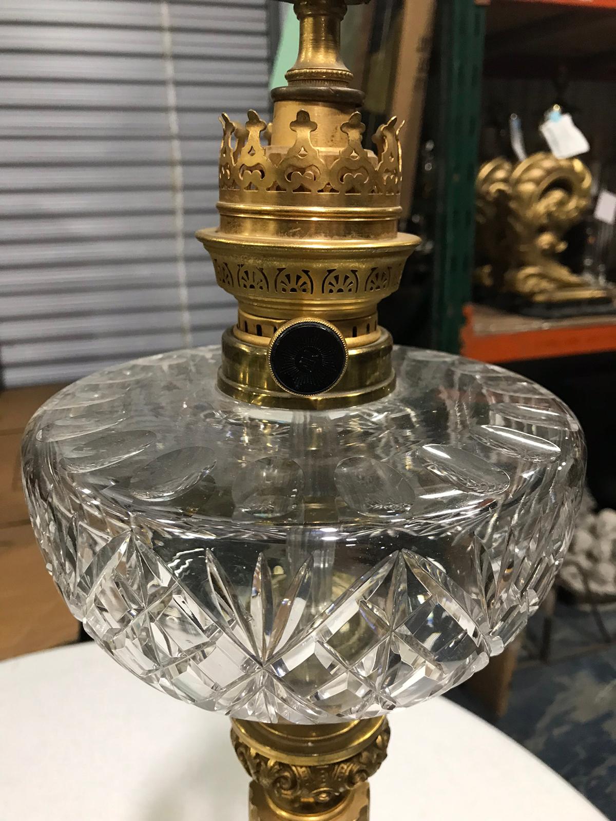 Glass 19th Century Gilt Bronze Lamp with Crystal Oil Font For Sale