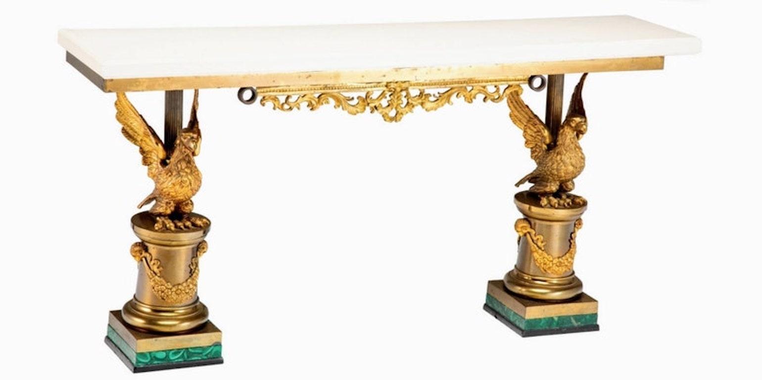 Neoclassical 19th Century Gilt Bronze & Malachite Double Eagle Console Table For Sale
