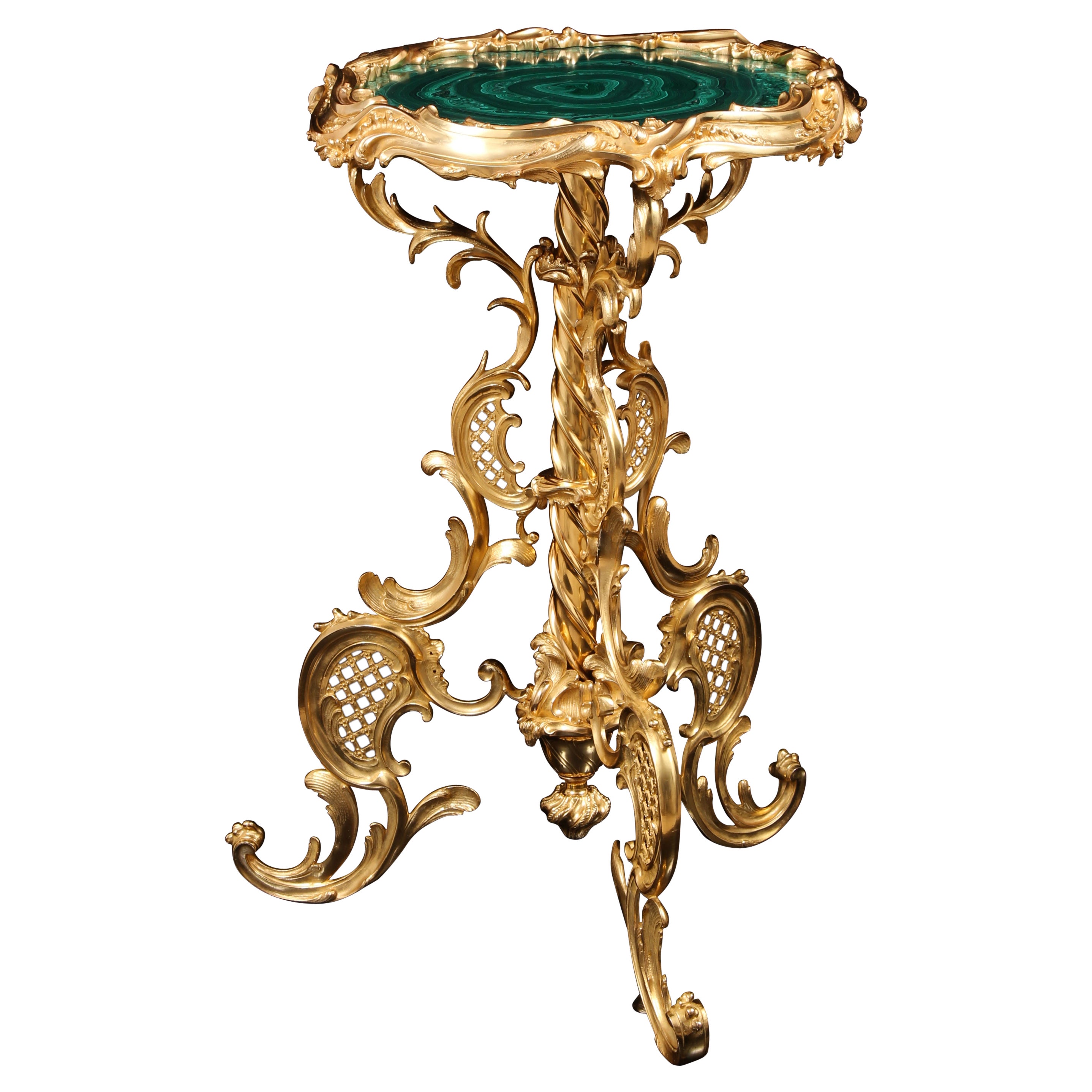 Tavolo Guéridon in bronzo dorato e malachite del XIX secolo