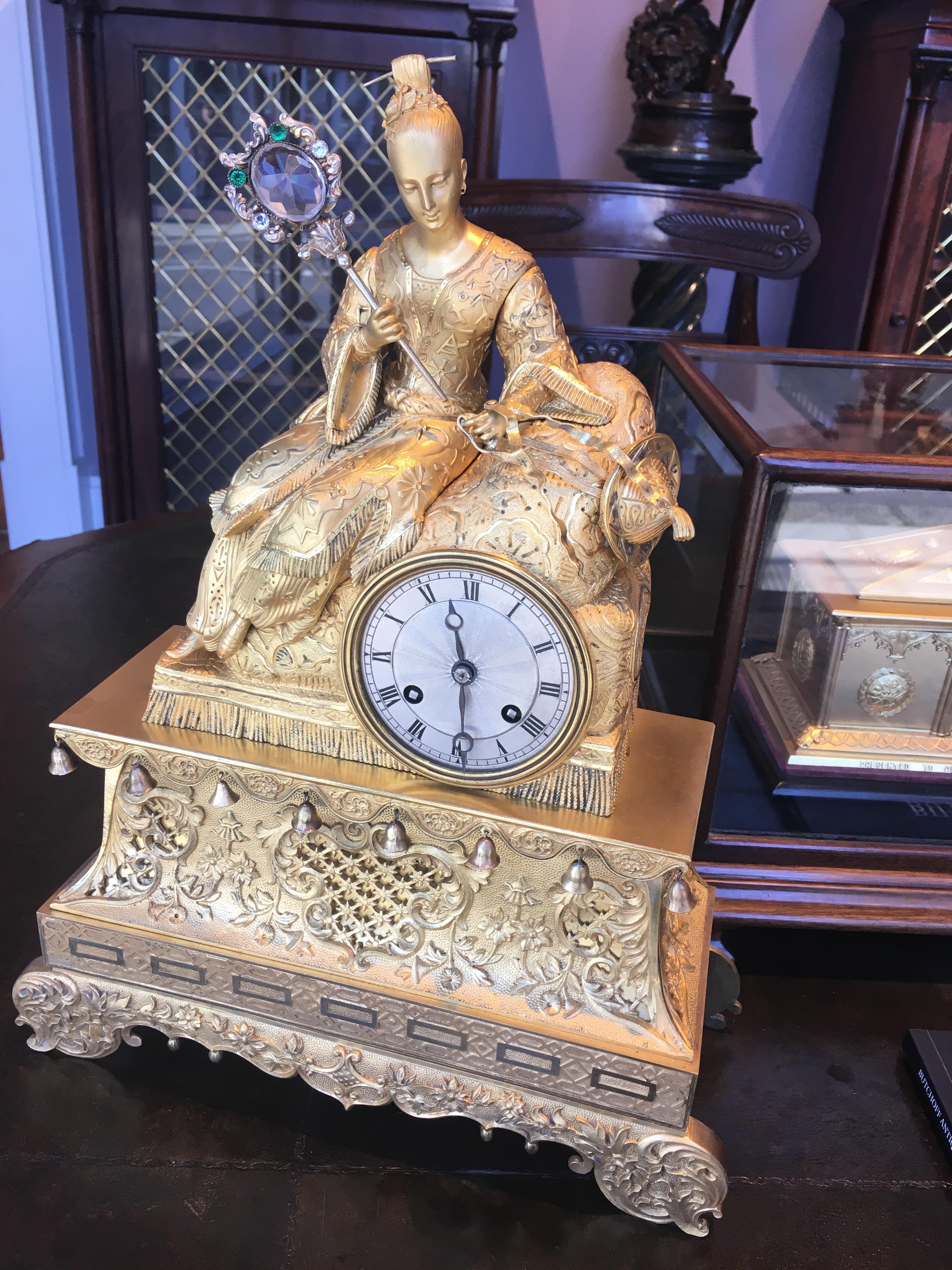 French 19th Century Gilt Bronze Mantle Clock in the Chinoiserie Taste For Sale