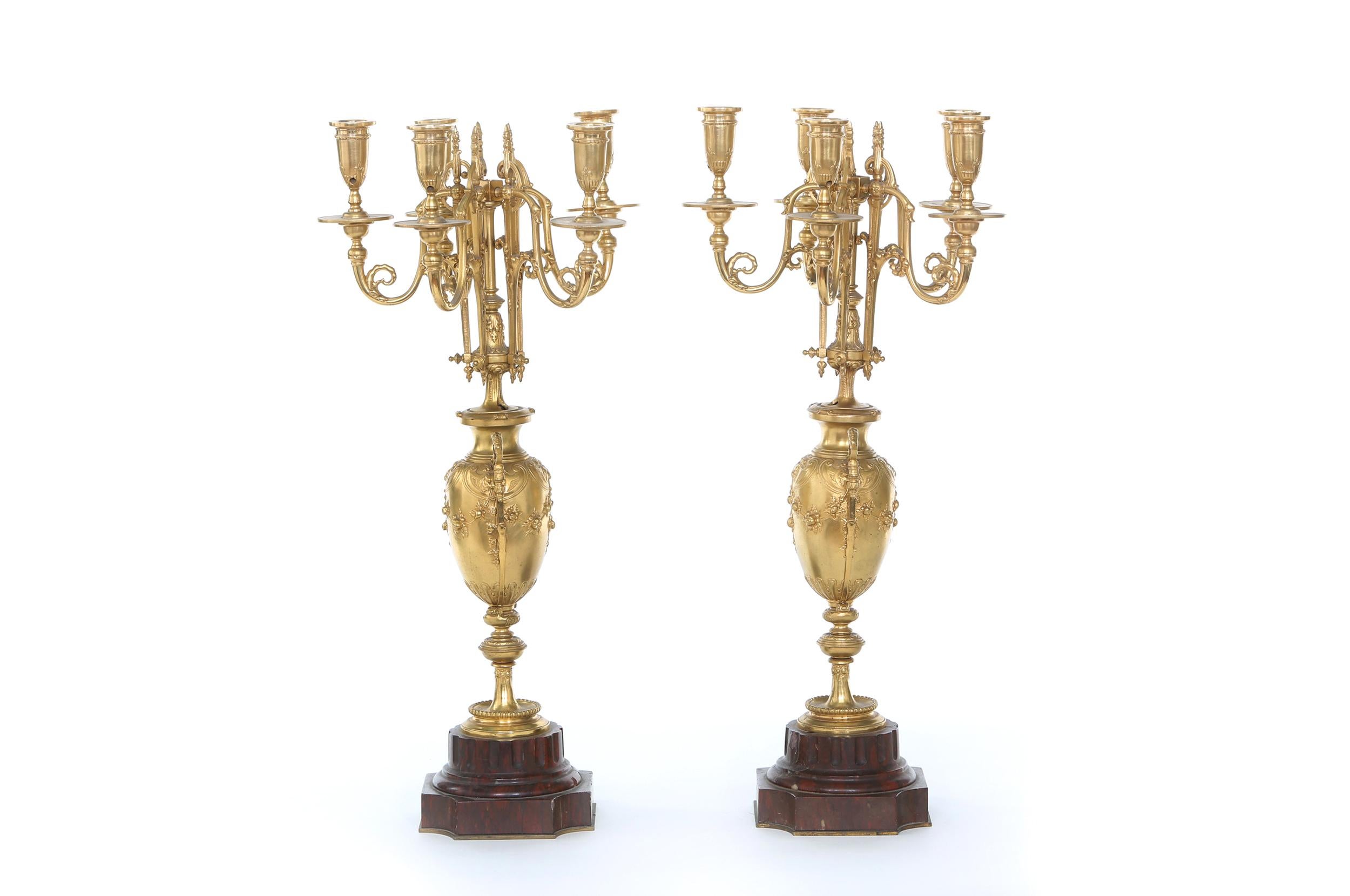French 19th Century Gilt Bronze / Marble Base Five-Arm Candelabra
