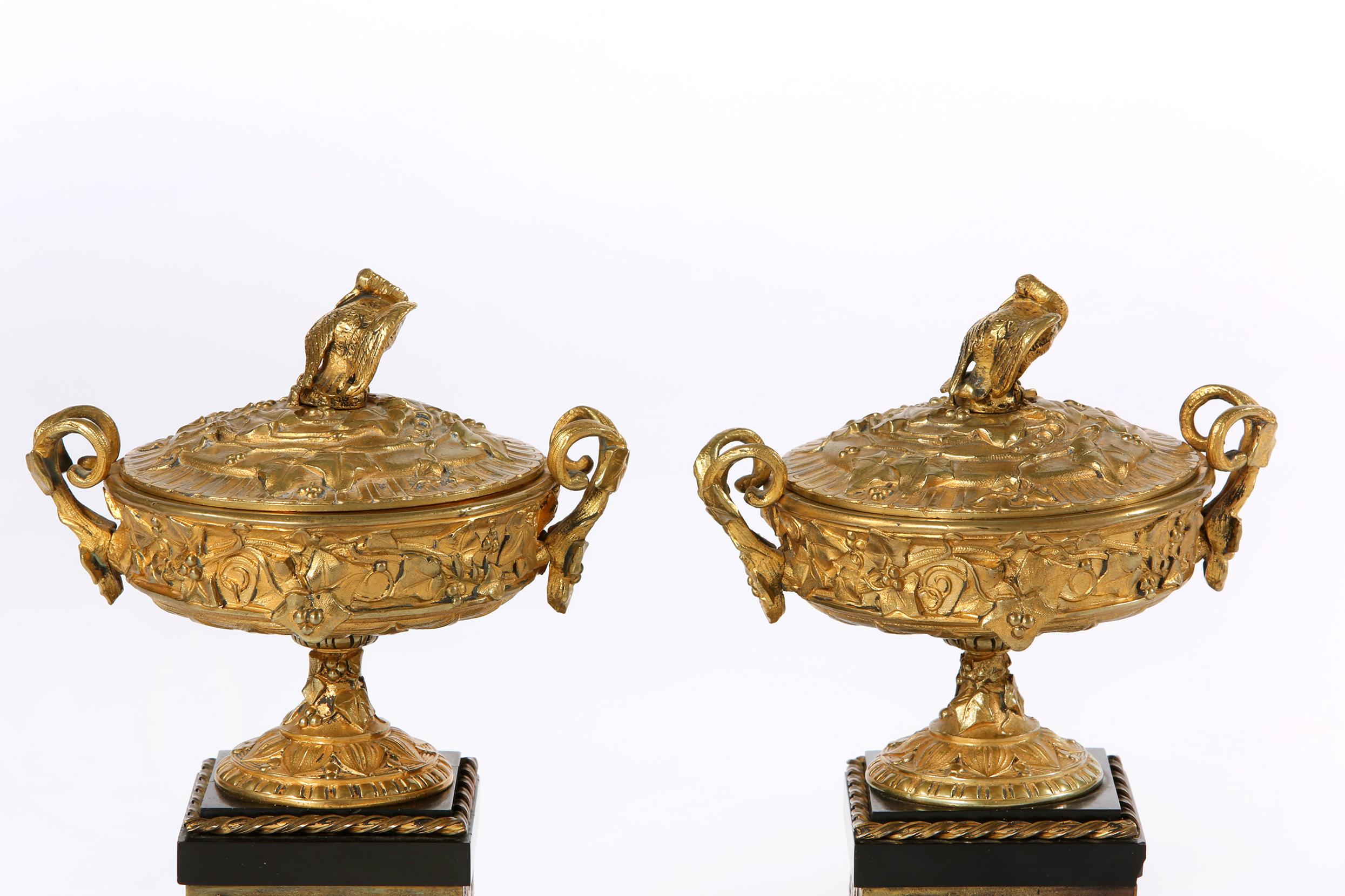 19th Century Gilt Bronze / Marble Pair of Urns In Good Condition In Tarry Town, NY