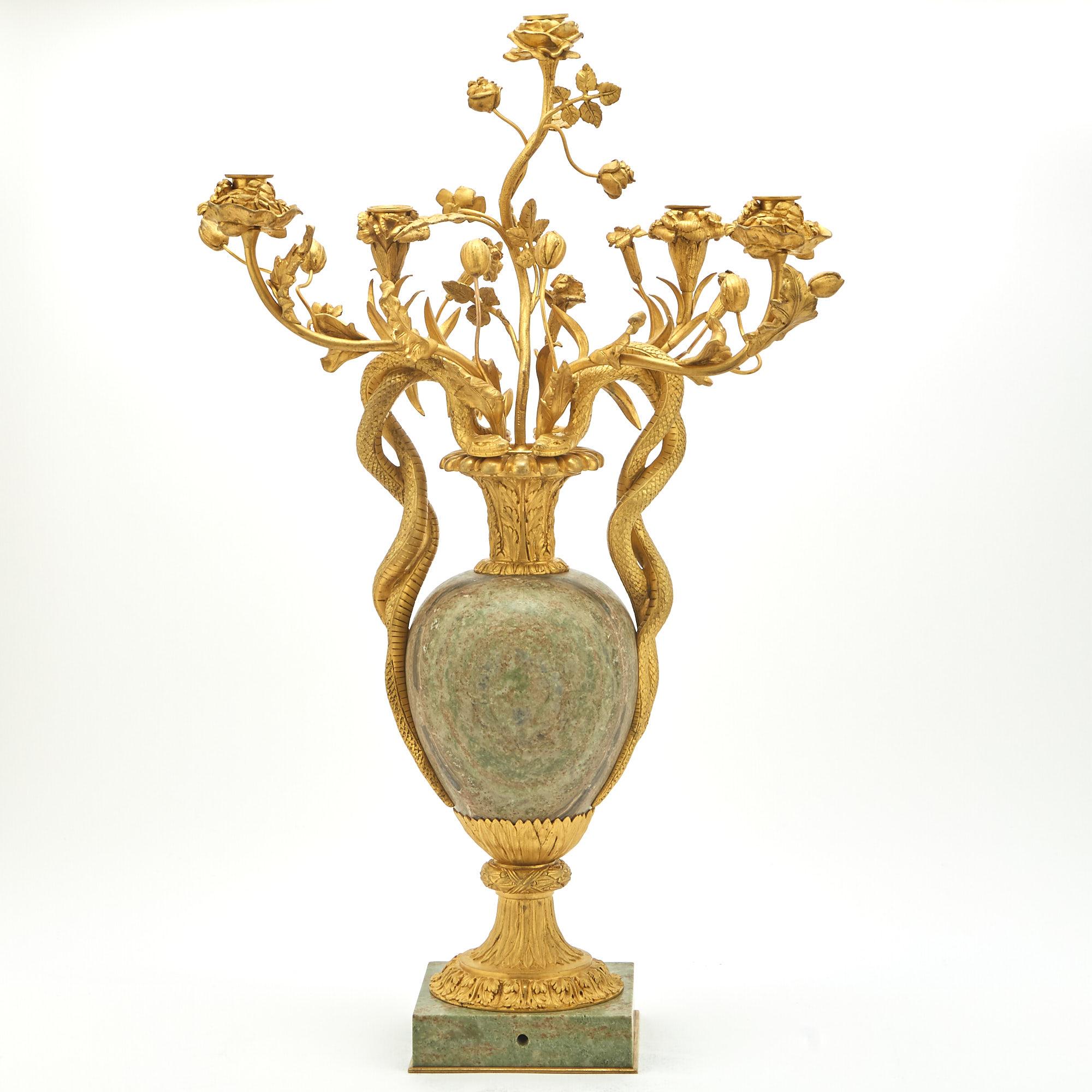 French 19th Century Gilt Bronze Mounted / Marble Louis XVI Style Five Arm Candelabra For Sale