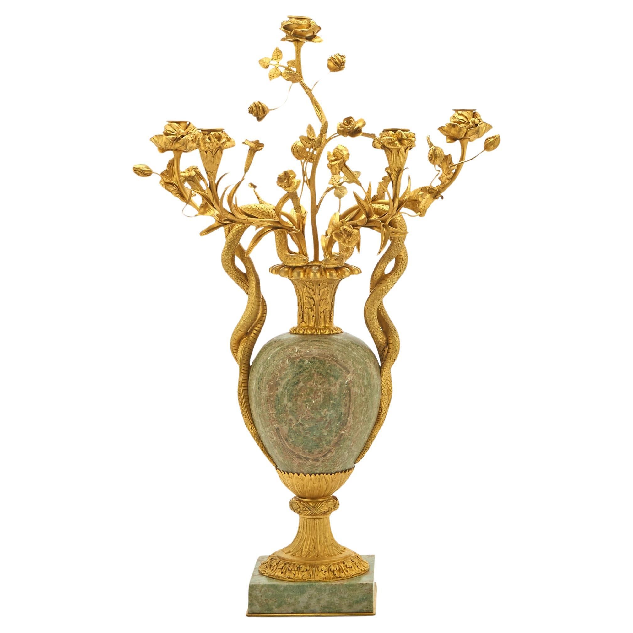 19th Century Gilt Bronze Mounted / Marble Louis XVI Style Five Arm Candelabra For Sale