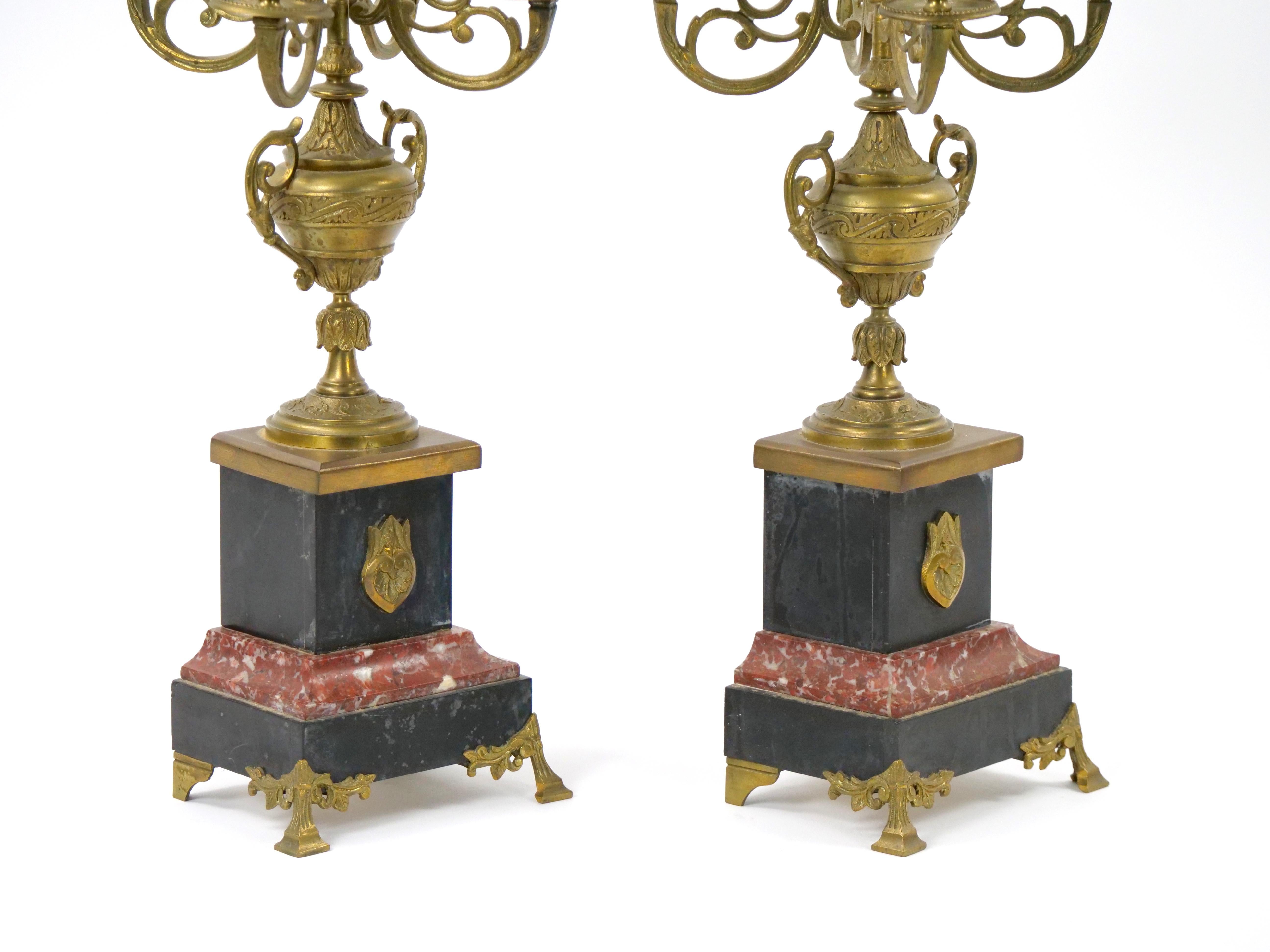 19th Century Gilt Bronze-Mounted Slate & rouge Marble Five Arm Candelabra For Sale 10