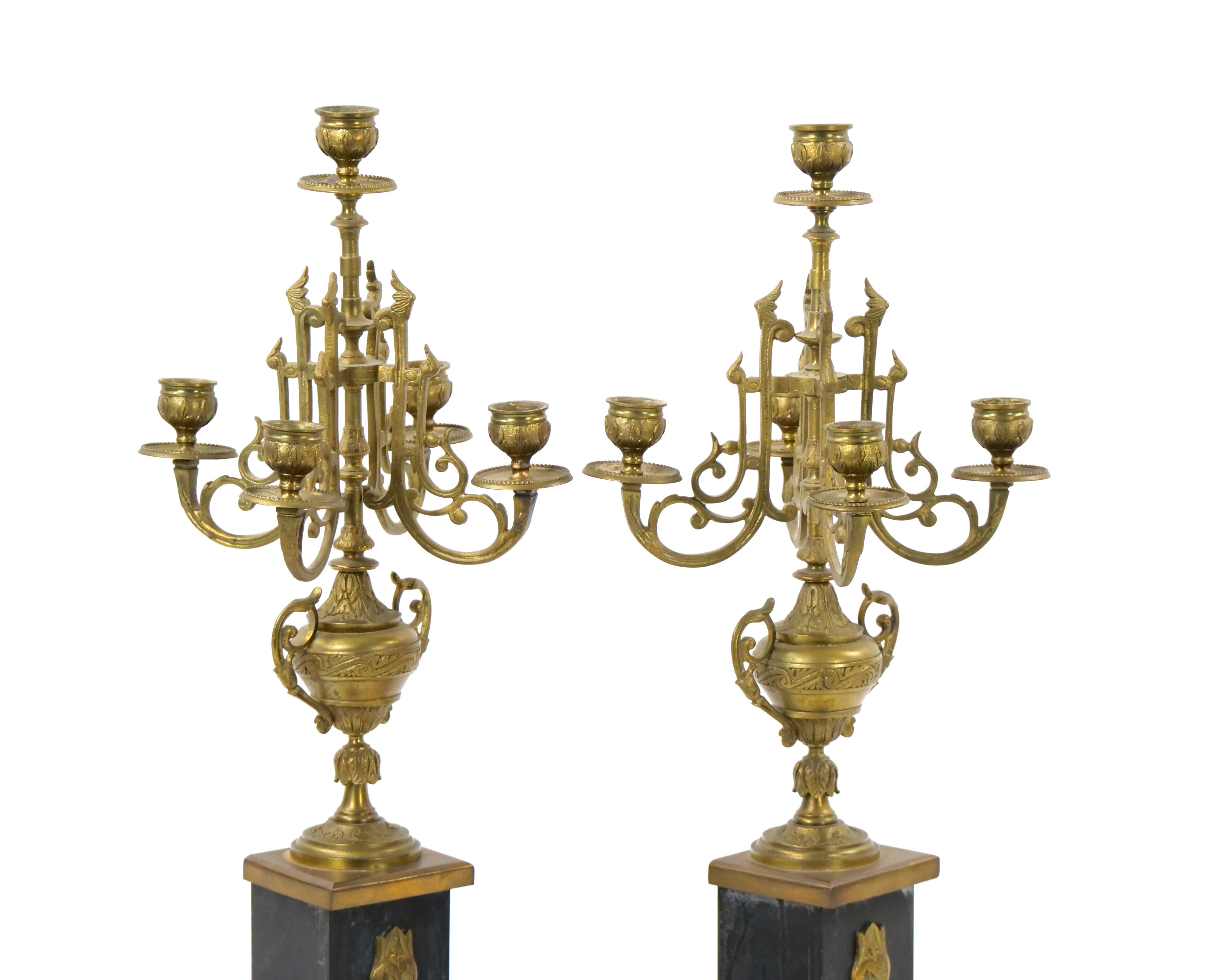 19th Century Gilt Bronze-Mounted Slate & rouge Marble Five Arm Candelabra For Sale 12