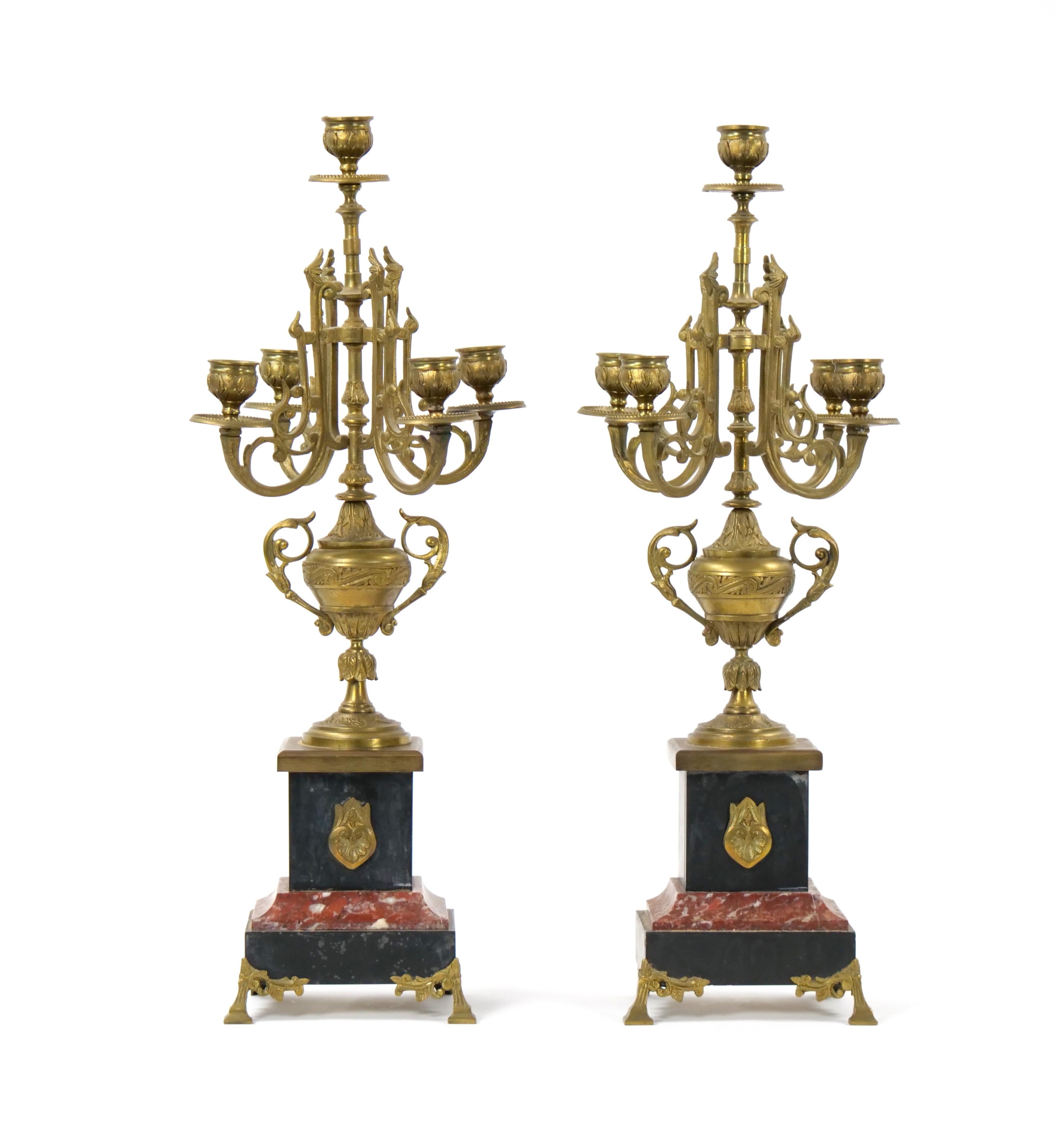 19th Century Gilt Bronze-Mounted Slate & rouge Marble Five Arm Candelabra For Sale 13