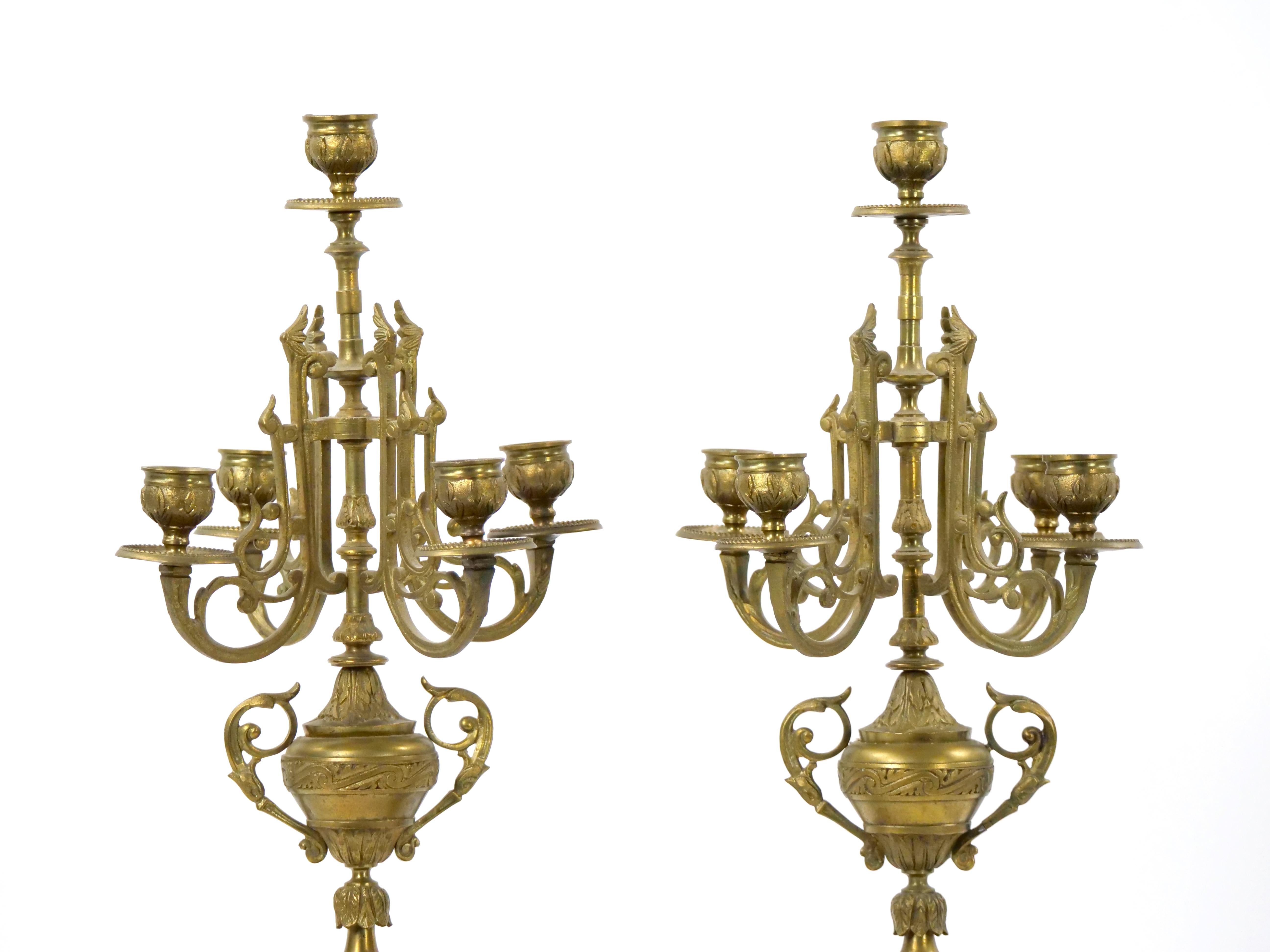 French 19th Century Gilt Bronze-Mounted Slate & rouge Marble Five Arm Candelabra For Sale